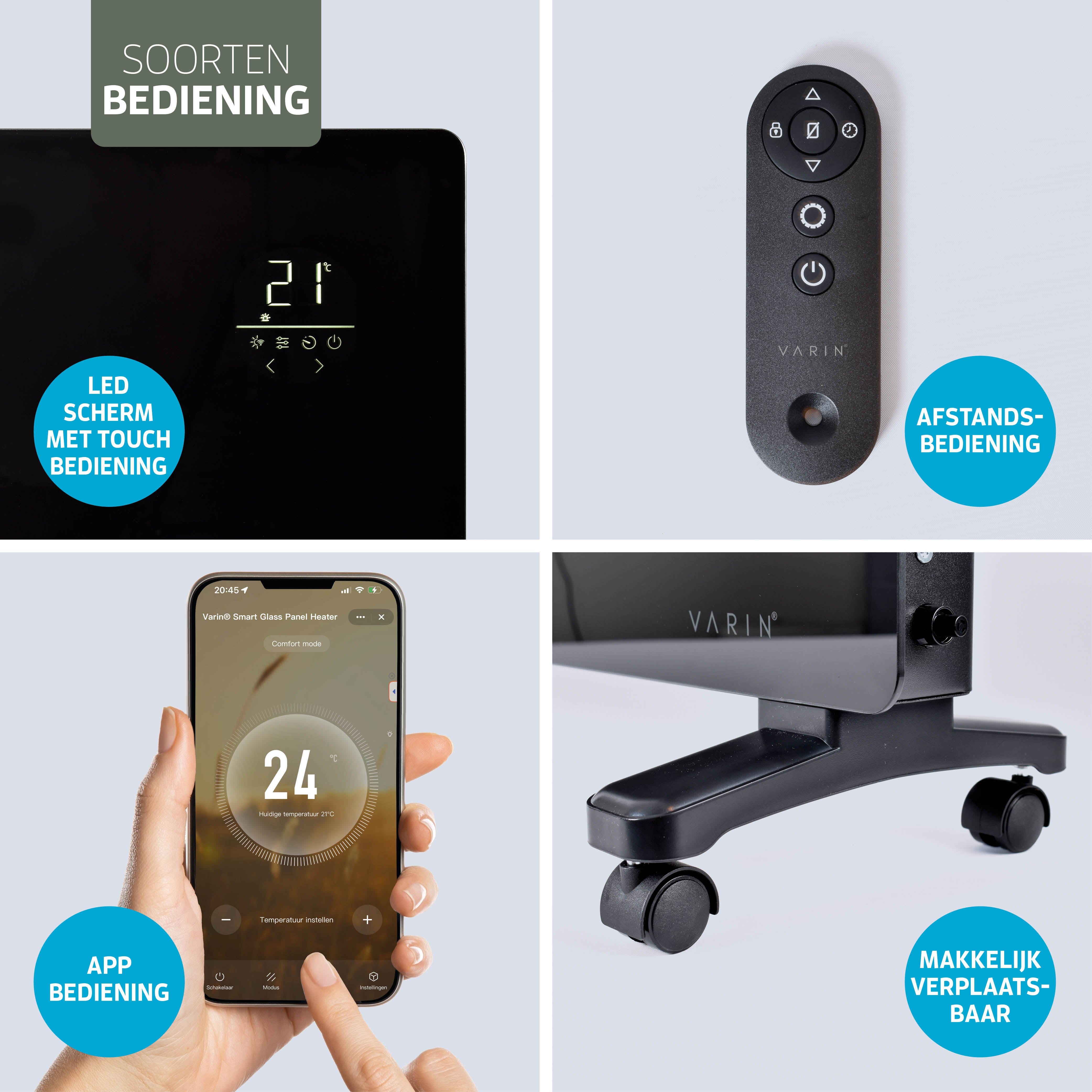 Varin® Smart Design Elektrische kachel - 2500W - 85x55cm - Zwart glas  - IP24 - Tuya Wifi