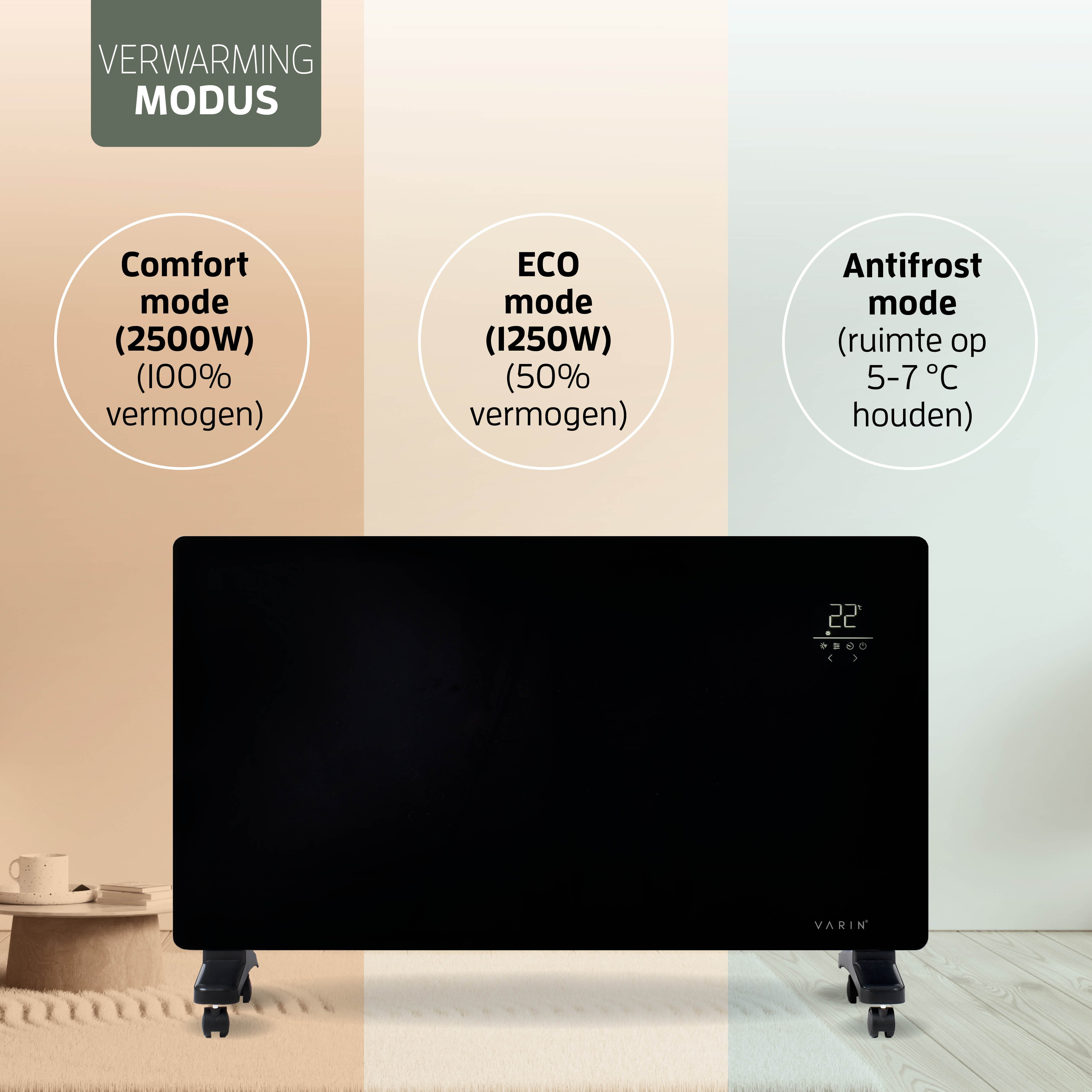 Varin® Smart Design Elektrische kachel - 2500W - 85x55cm - Zwart glas  - IP24 - Tuya Wifi