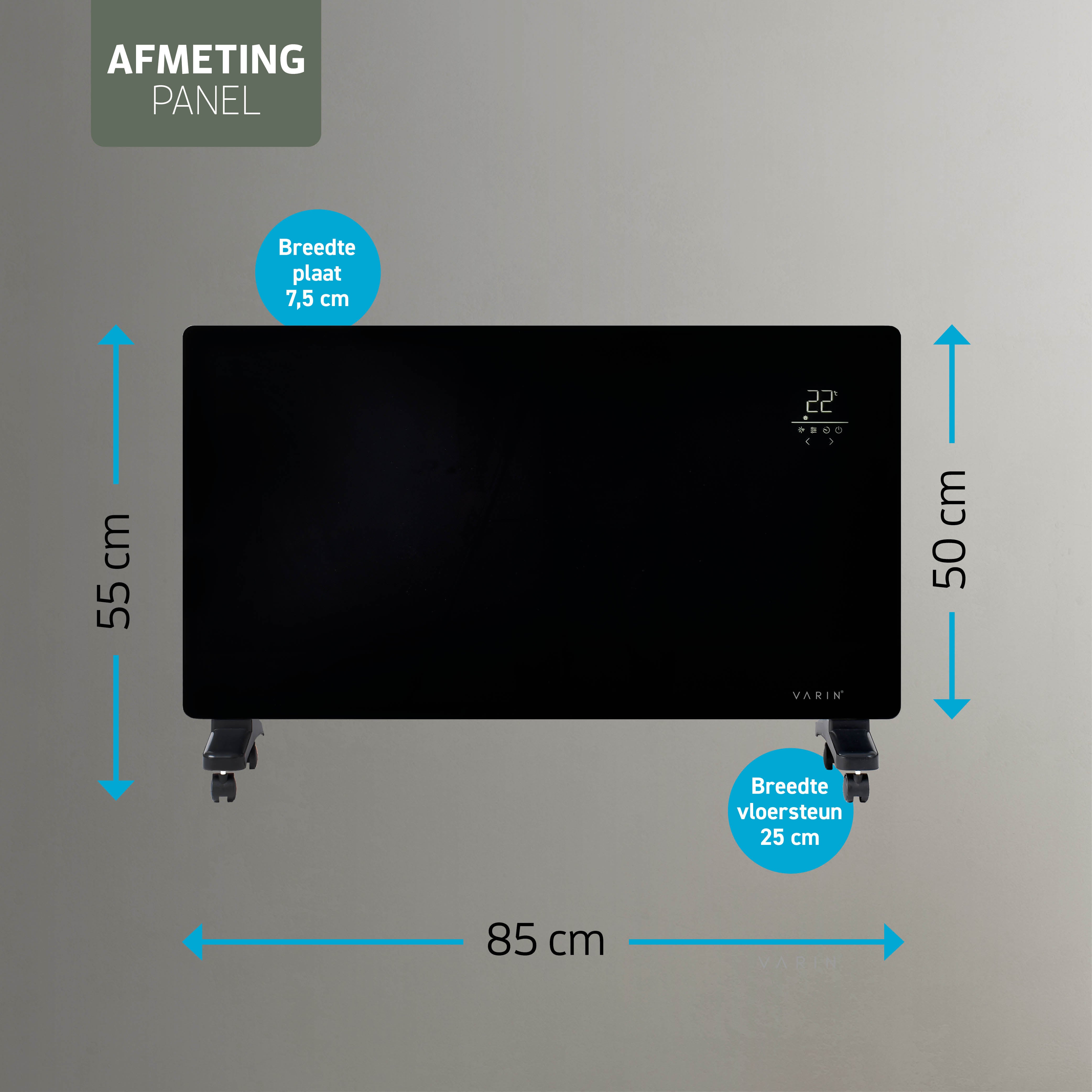 Varin® Smart Design Elektrische kachel - 2500W - 85x55cm - Zwart glas  - IP24 - Tuya Wifi