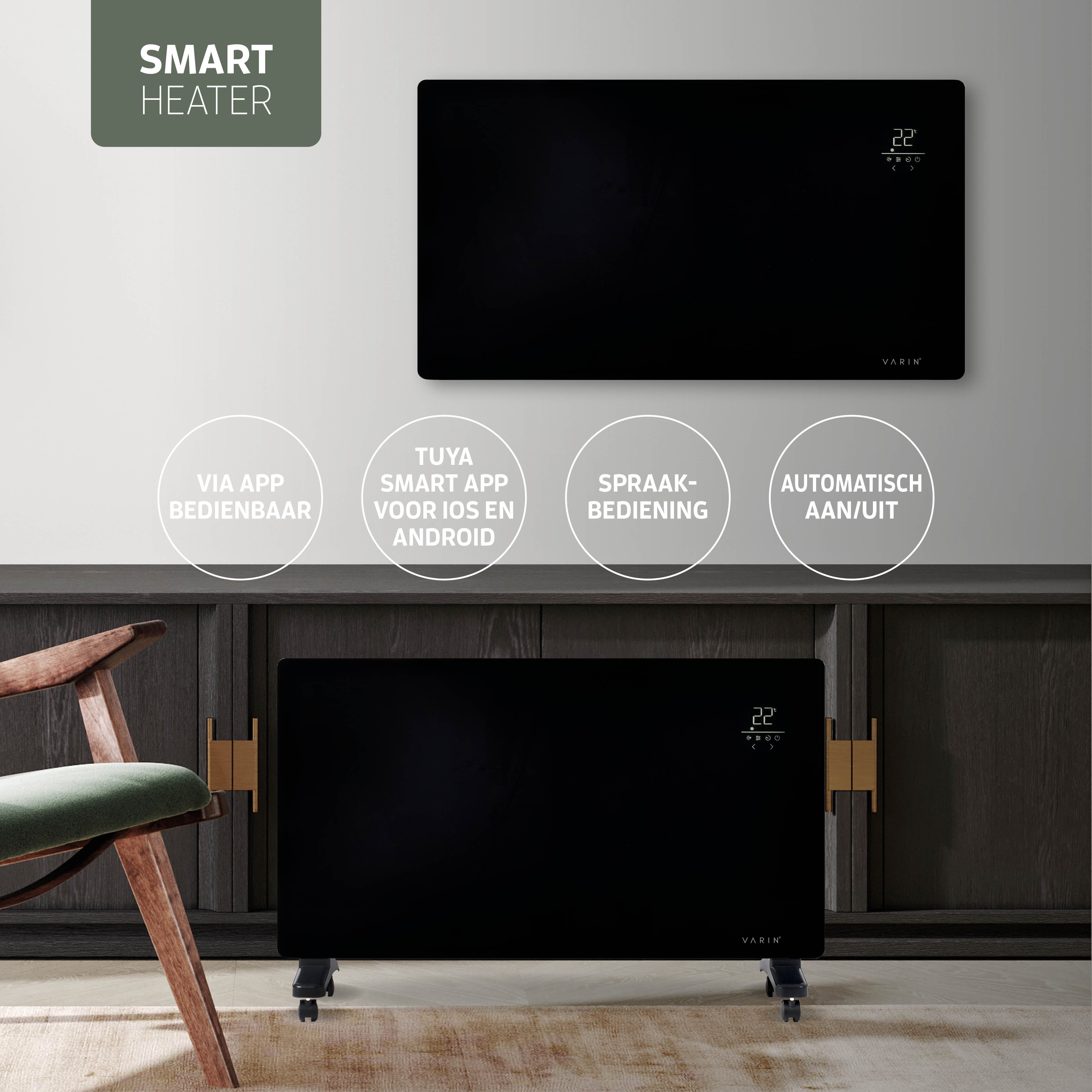 Varin® Smart Design Elektrische kachel - 2500W - 85x55cm - Zwart glas  - IP24 - Tuya Wifi