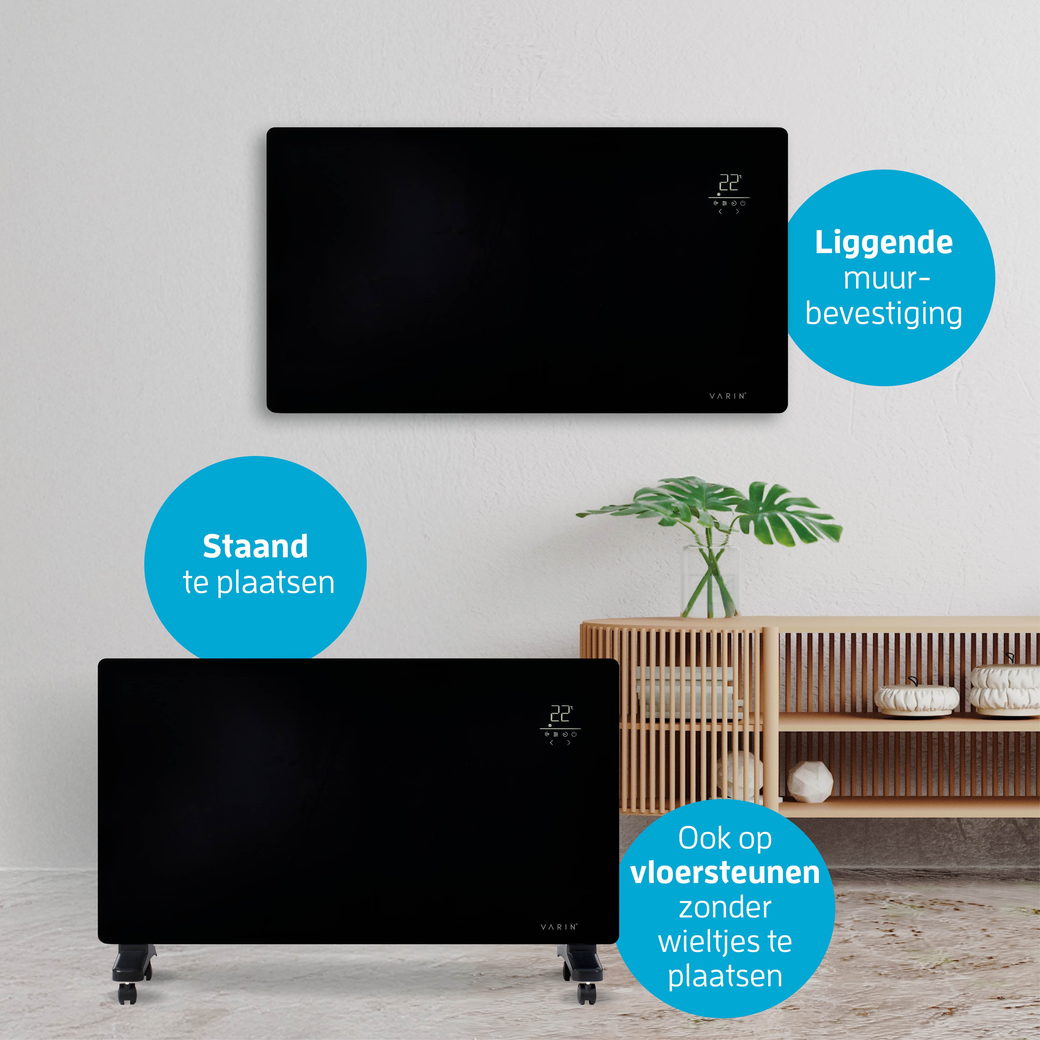 Varin® Smart Design Elektrische kachel - 2500W - 85x55cm - Zwart glas  - IP24 - Tuya Wifi