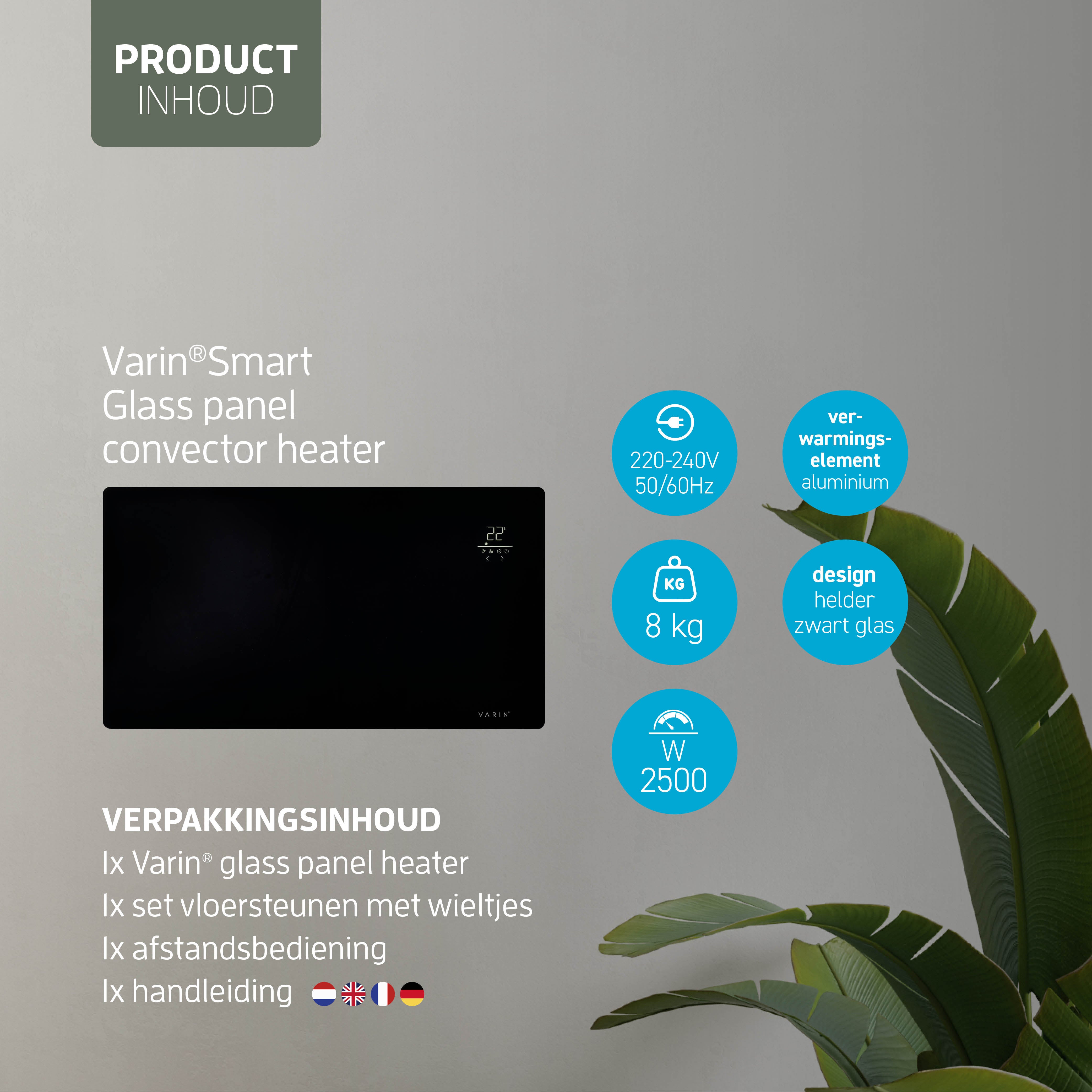 Varin® Smart Design Elektrische kachel - 2500W - 85x55cm - Zwart glas  - IP24 - Tuya Wifi
