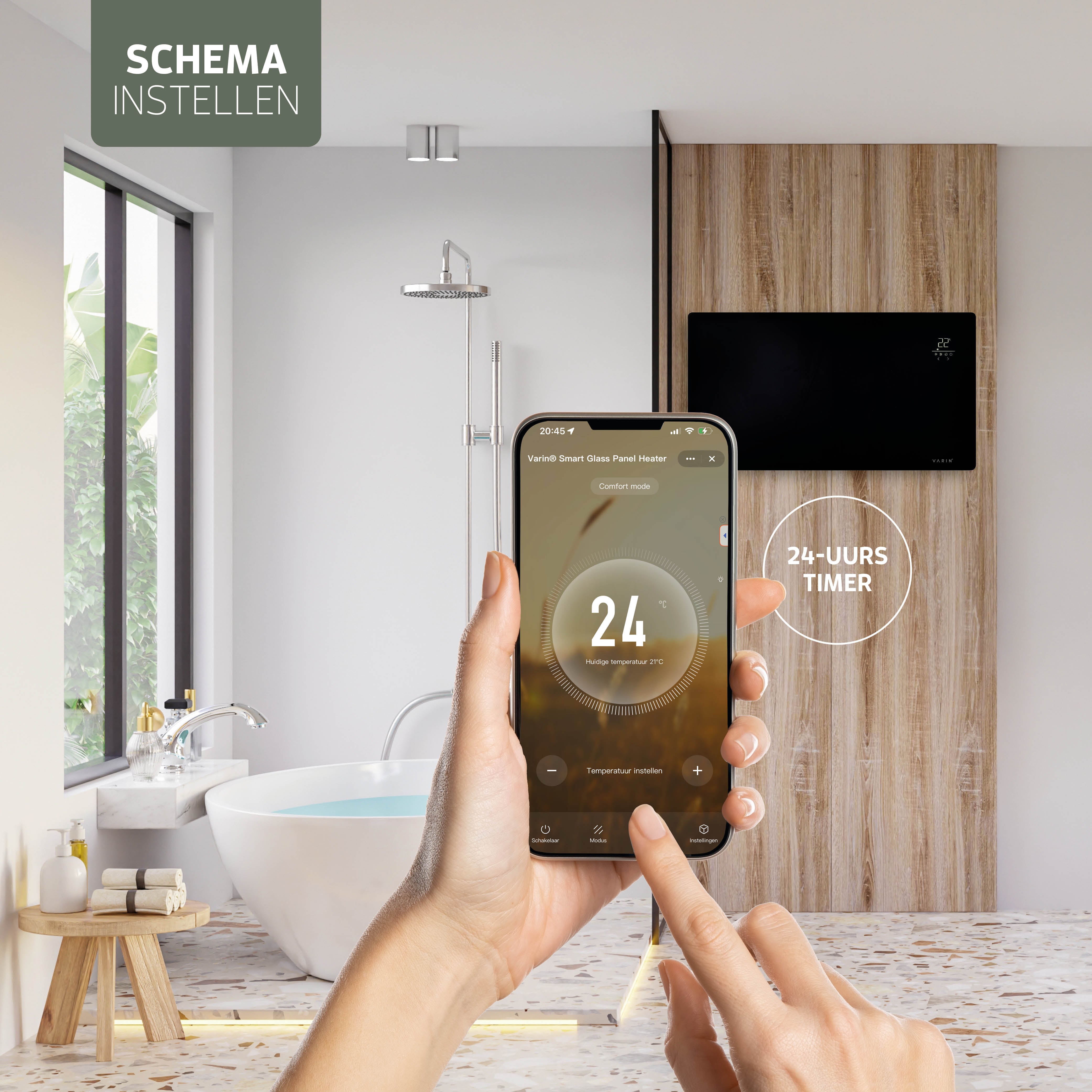 Varin® Smart Design Elektrische kachel - 2500W - 85x55cm - Zwart glas  - IP24 - Tuya Wifi