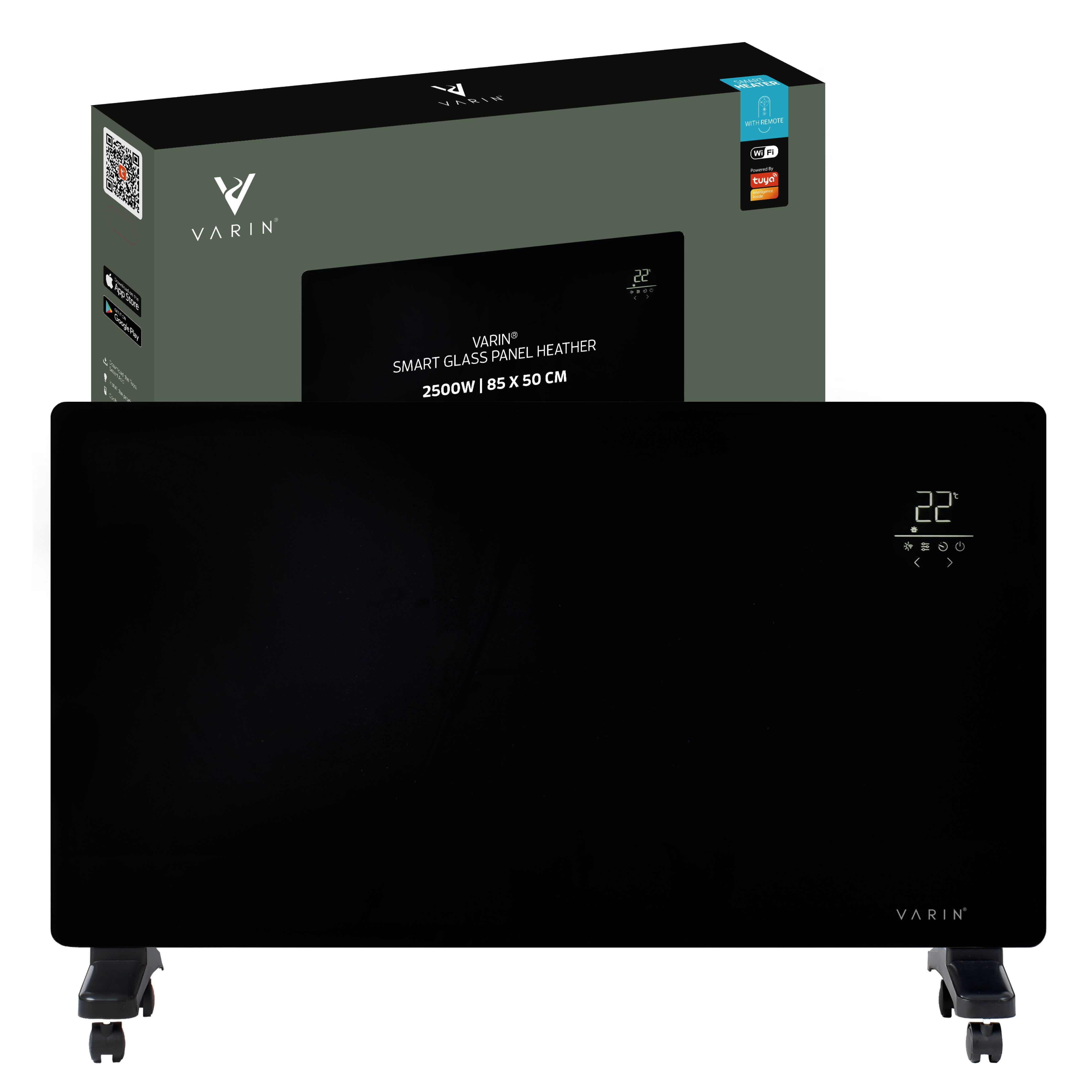 Varin® Smart Design Elektrische kachel - 2500W - 85x55cm - Zwart glas  - IP24 - Tuya Wifi