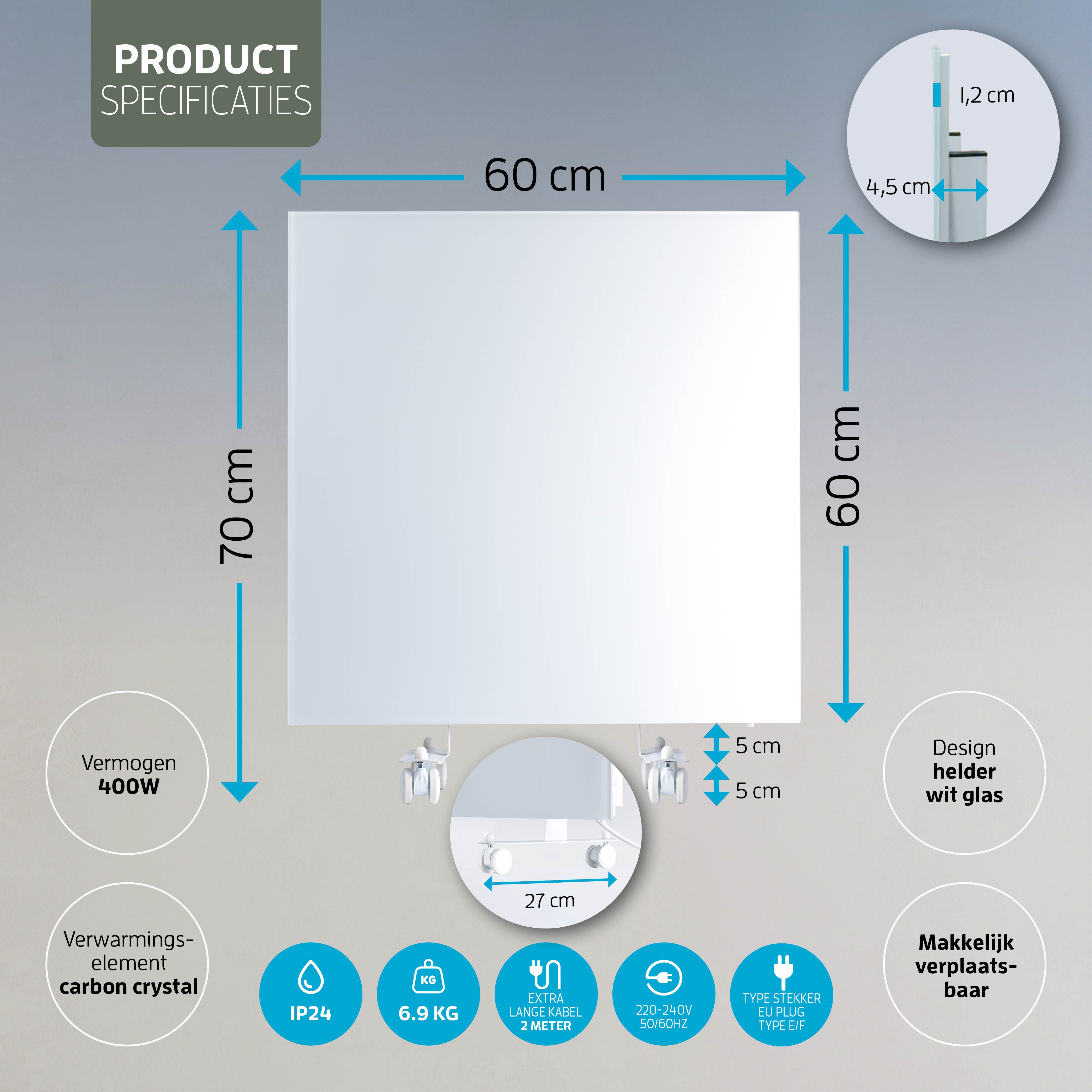 Varin® Smart Design Infrarood verwarmingspaneel - 400W - 60x60cm - Wit glas - IP24 - Tuya Wifi