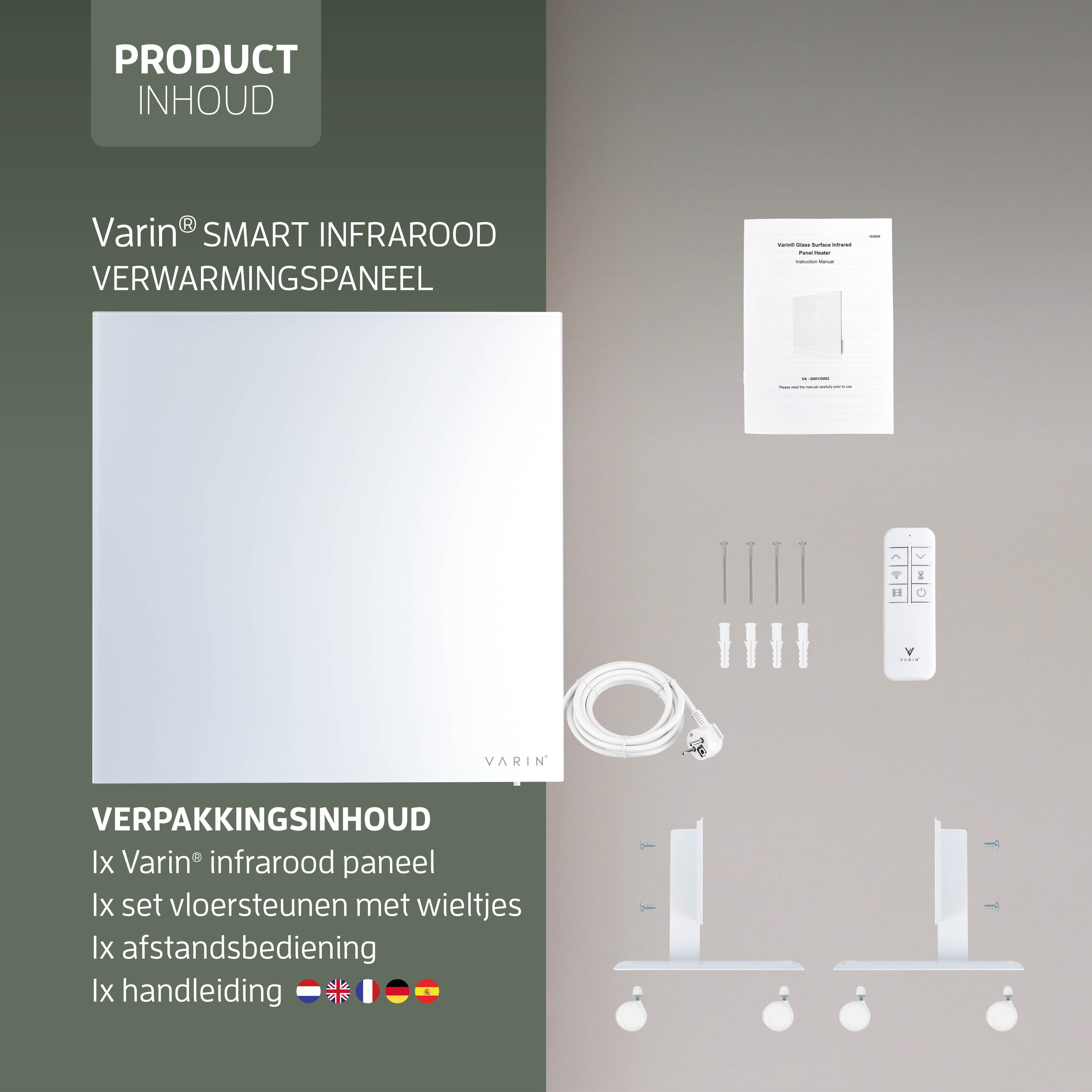 Varin® Smart Design Infrarood verwarmingspaneel - 400W - 60x60cm - Wit glas - IP24 - Tuya Wifi