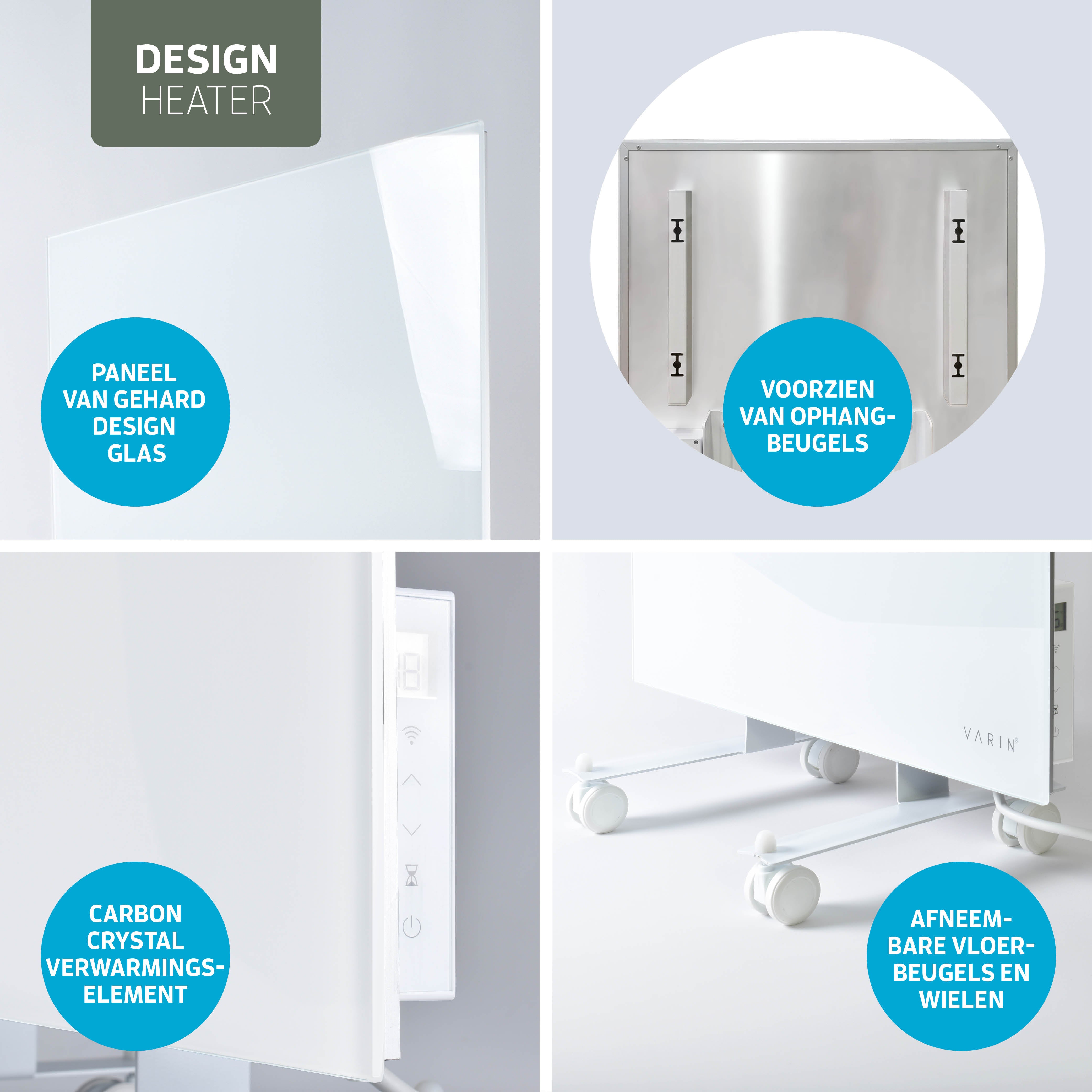 Varin® Smart Design Infrarood verwarmingspaneel - 400W - 60x60cm - Wit glas - IP24 - Tuya Wifi