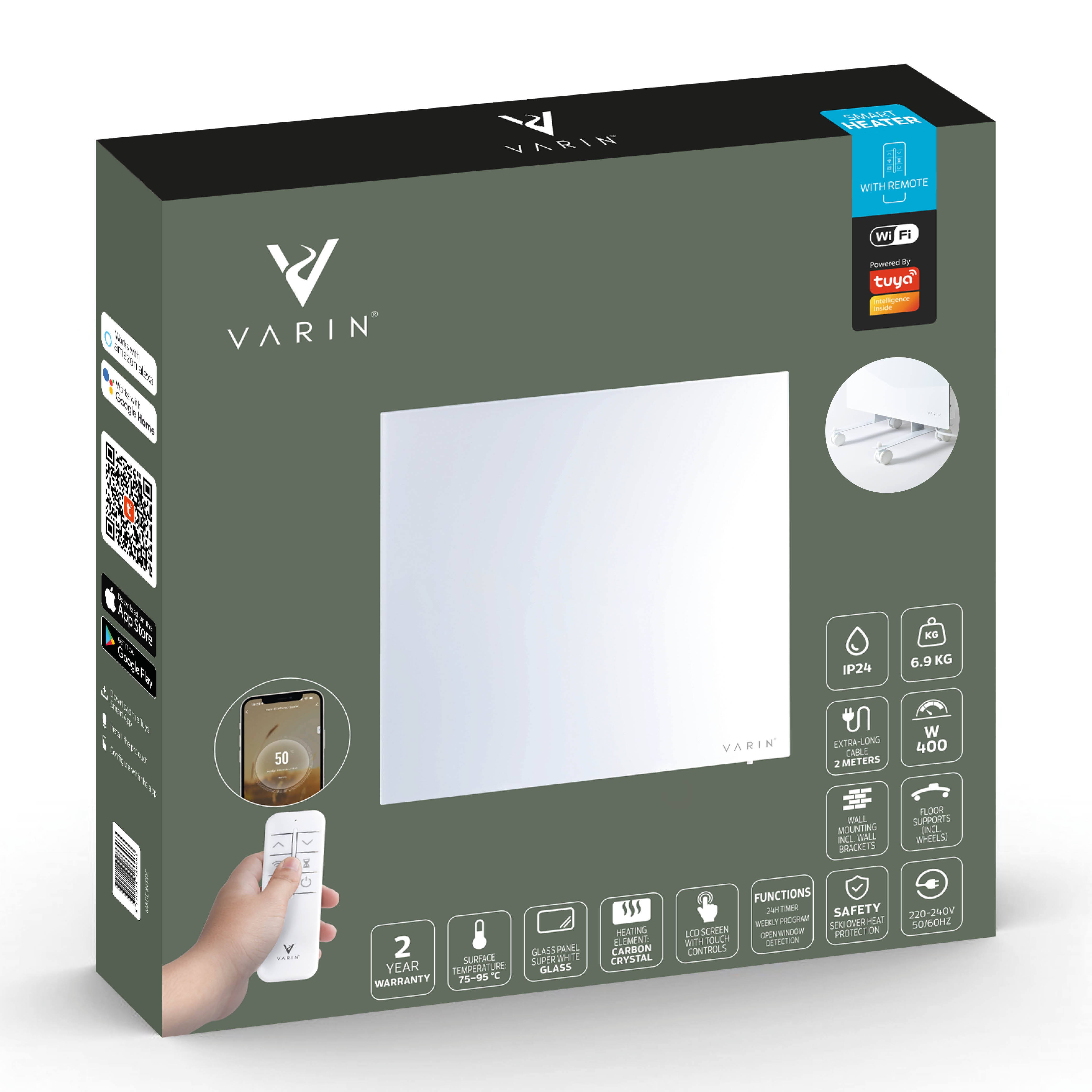 Varin® Smart Design Infrarood verwarmingspaneel - 400W - 60x60cm - Wit glas - IP24 - Tuya Wifi