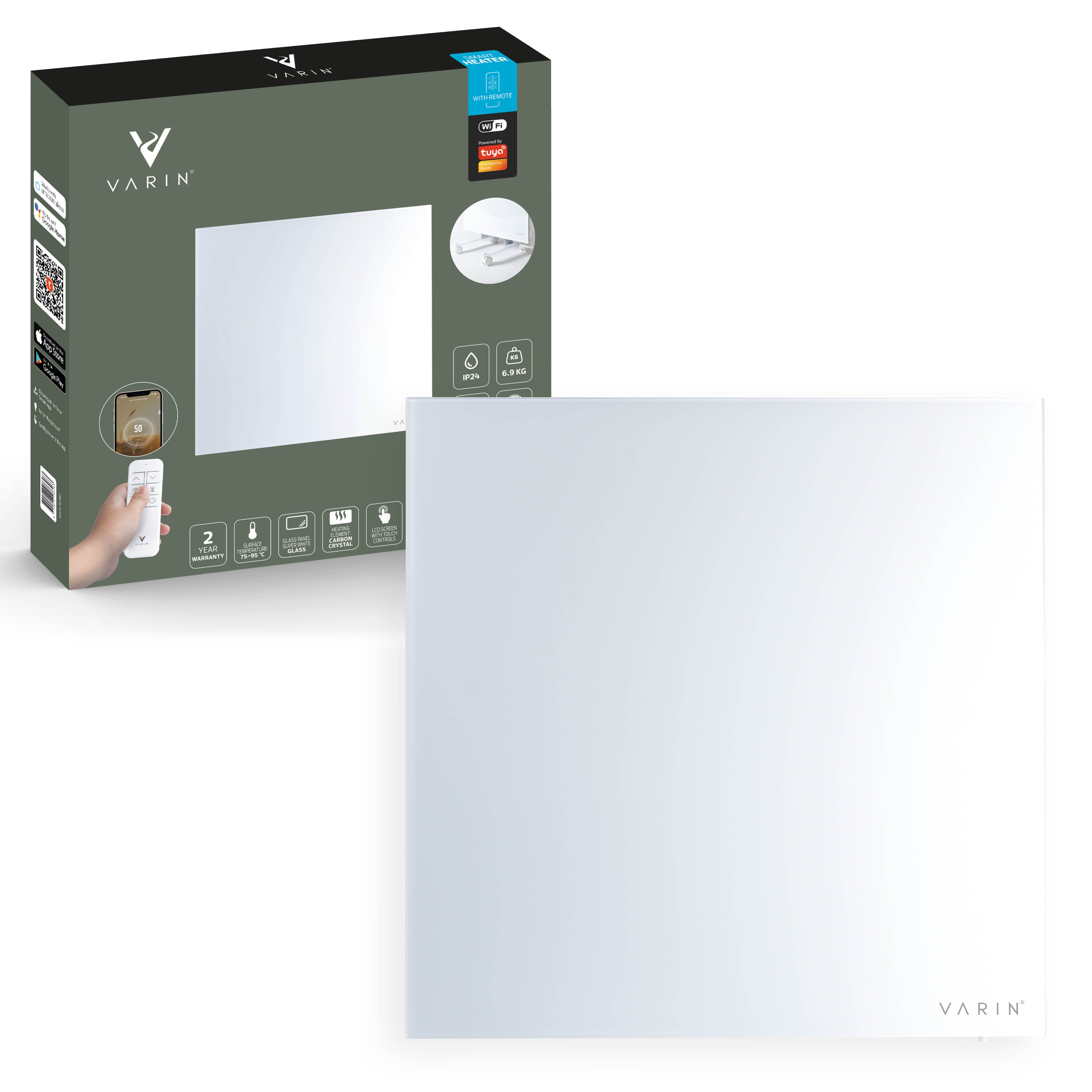 Varin® Smart Design Infrarood verwarmingspaneel - 400W - 60x60cm - Wit glas - IP24 - Tuya Wifi