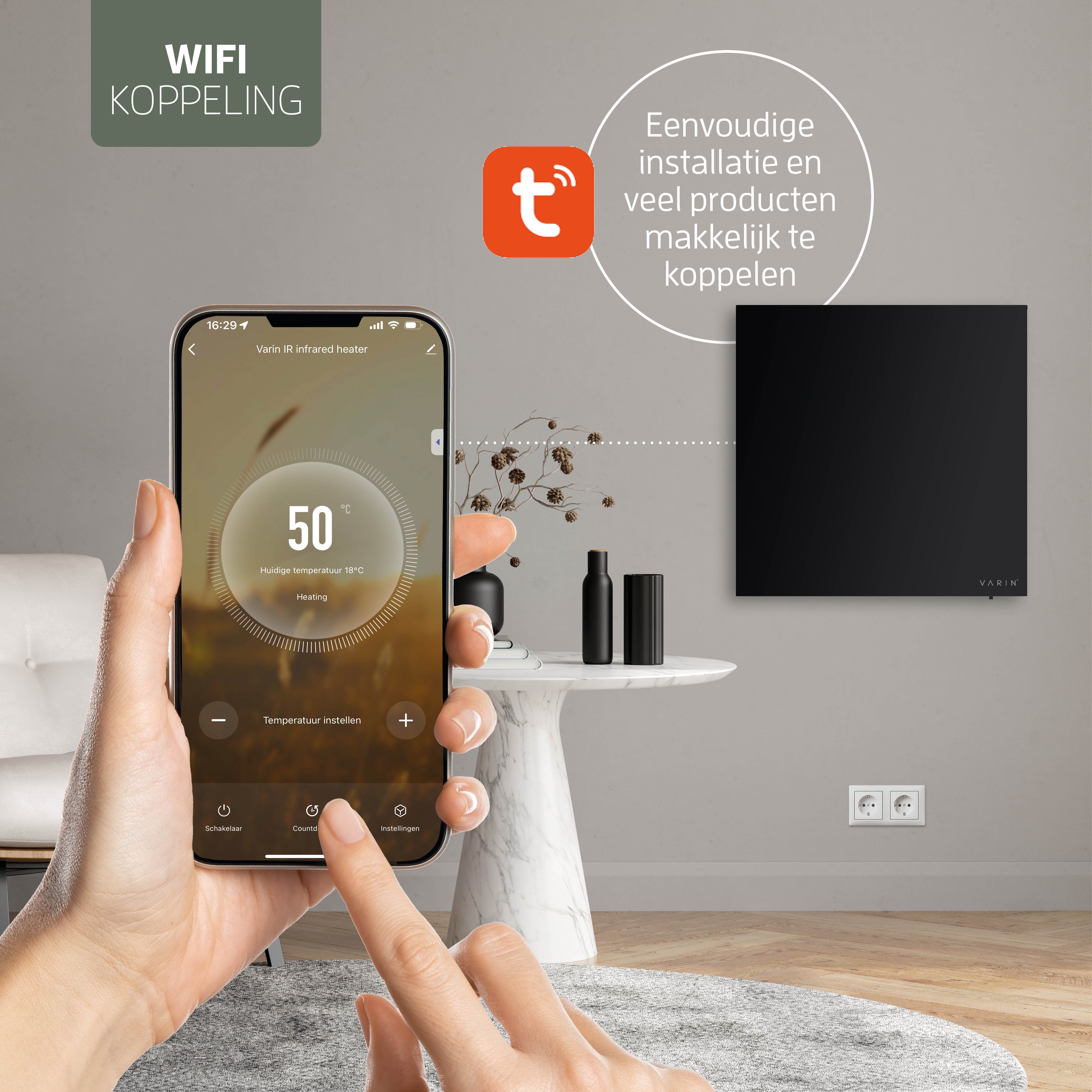 Varin® Smart Design Infrarood verwarmingspaneel - 400W - 60x60cm - Zwart glas - IP24 - Tuya Wifi