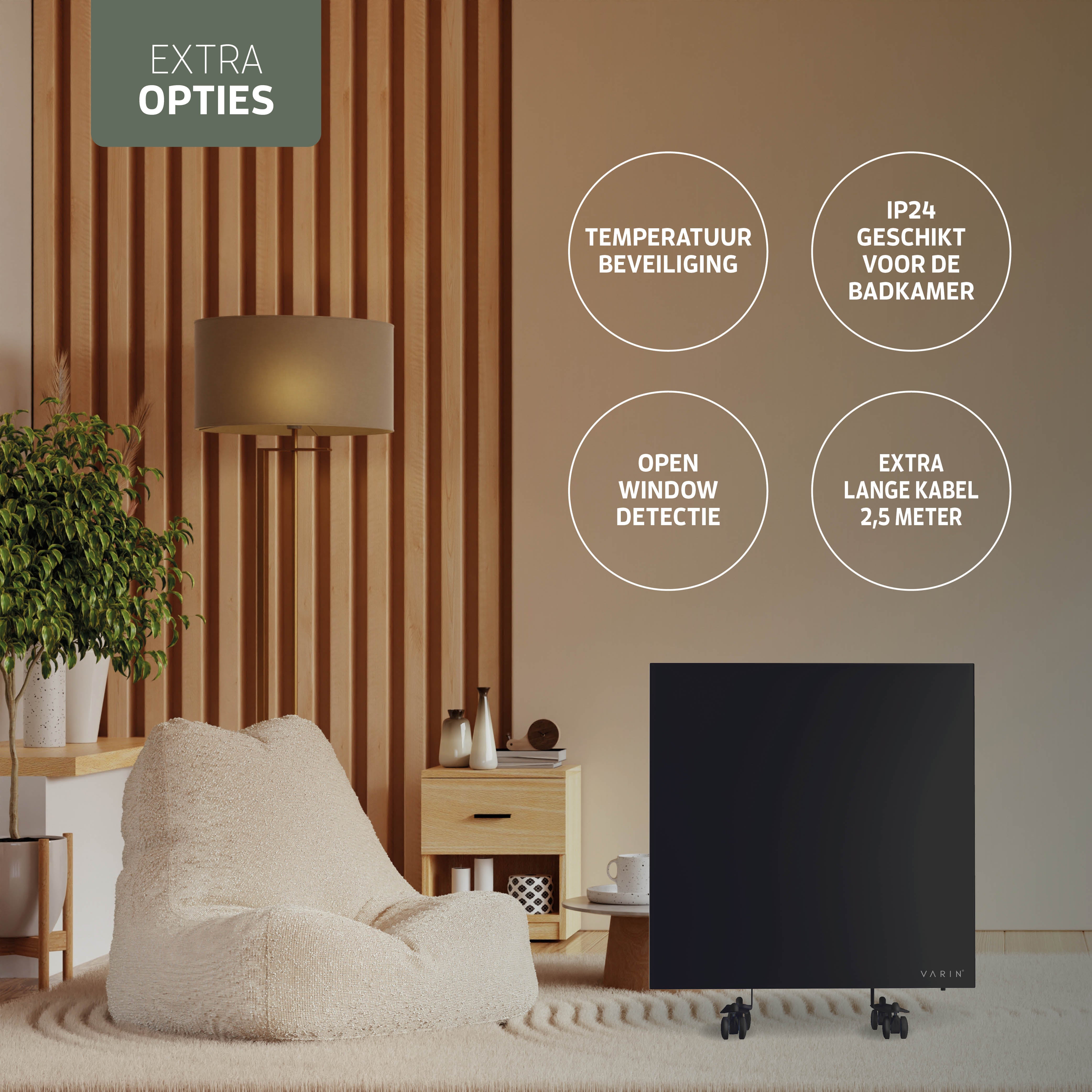 Varin® Smart Design Infrarood verwarmingspaneel - 400W - 60x60cm - Zwart glas - IP24 - Tuya Wifi