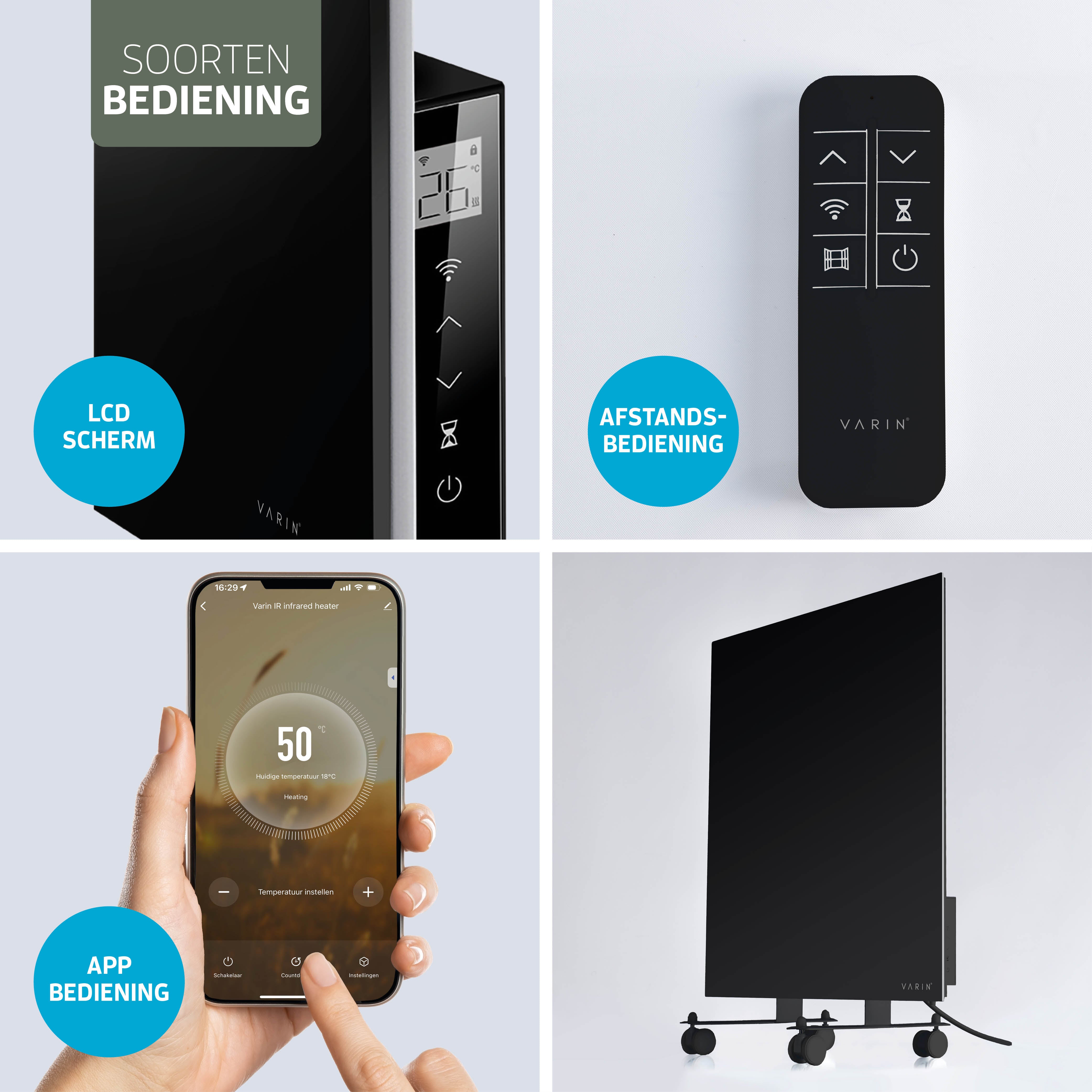 Varin® Smart Design Infrarood verwarmingspaneel - 400W - 60x60cm - Zwart glas - IP24 - Tuya Wifi