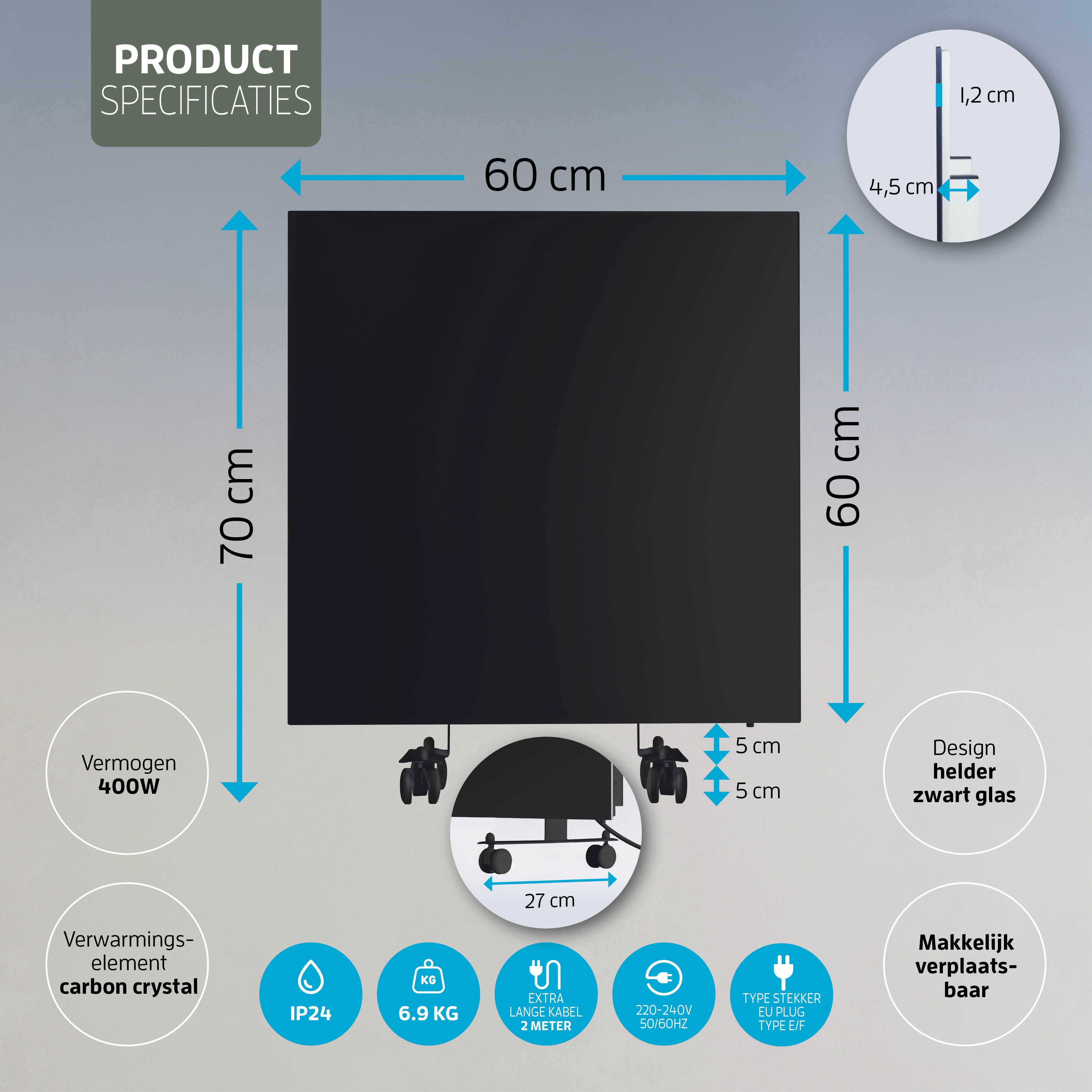 Varin® Smart Design Infrarood verwarmingspaneel - 400W - 60x60cm - Zwart glas - IP24 - Tuya Wifi