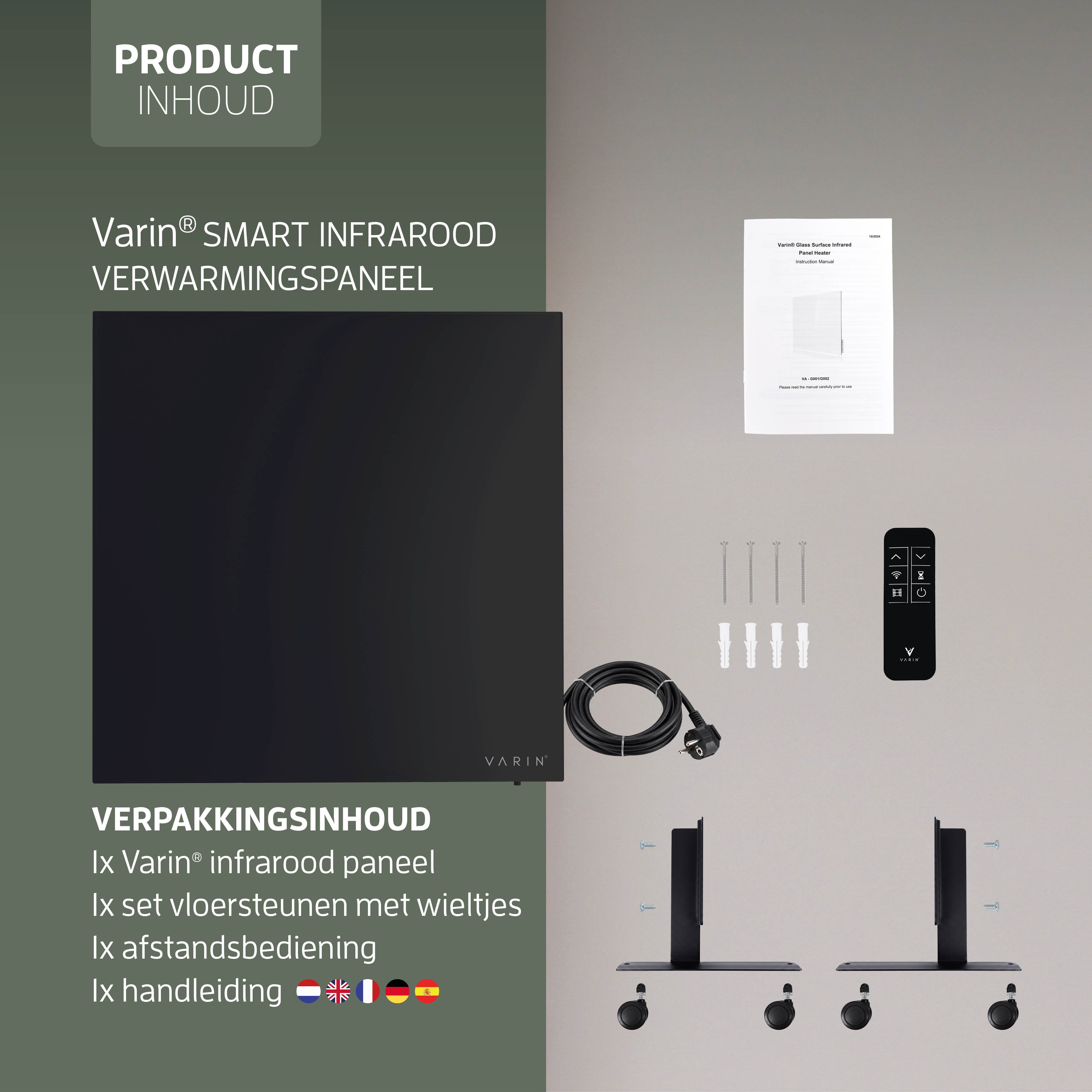 Varin® Smart Design Infrarood verwarmingspaneel - 400W - 60x60cm - Zwart glas - IP24 - Tuya Wifi