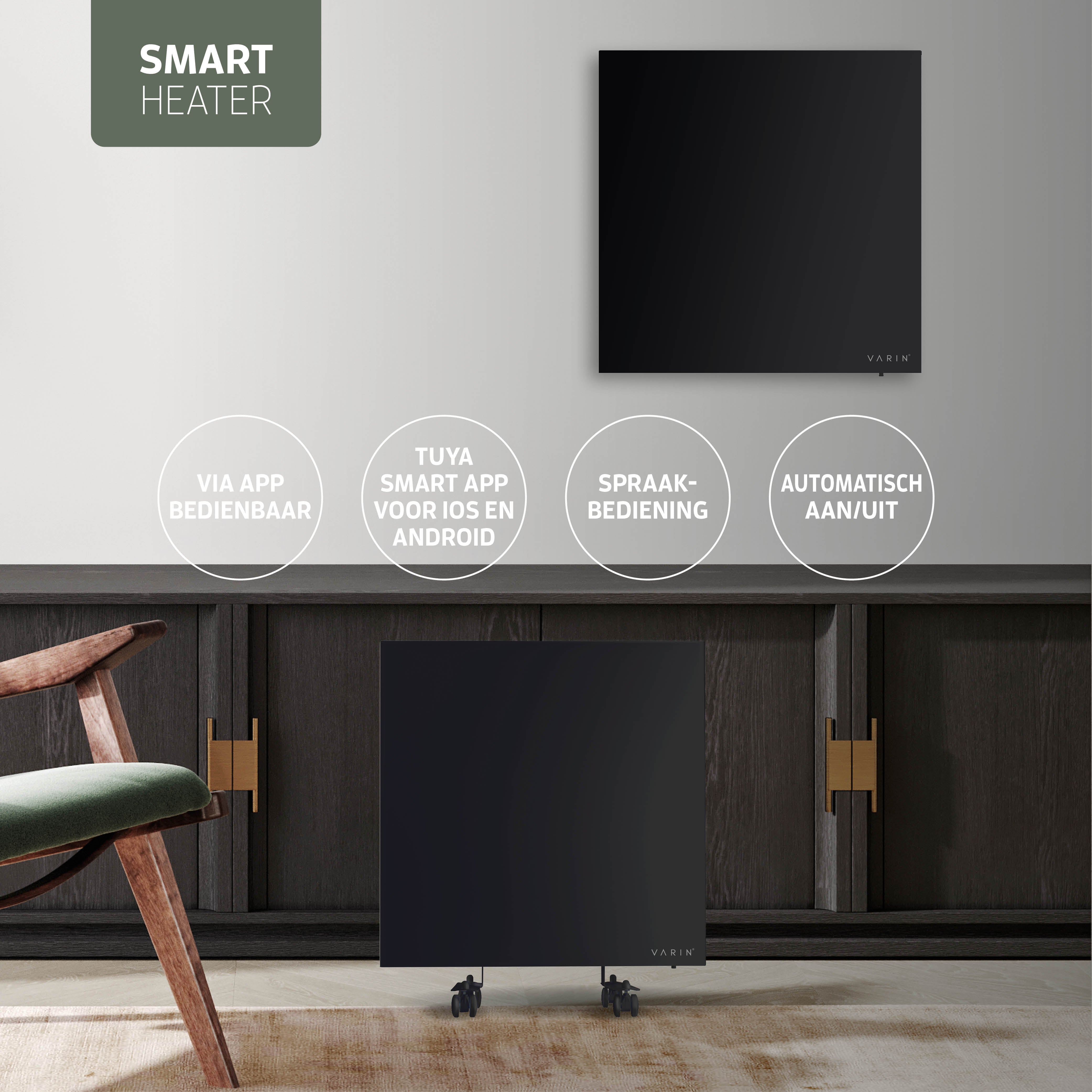 Varin® Smart Design Infrarood verwarmingspaneel - 400W - 60x60cm - Zwart glas - IP24 - Tuya Wifi