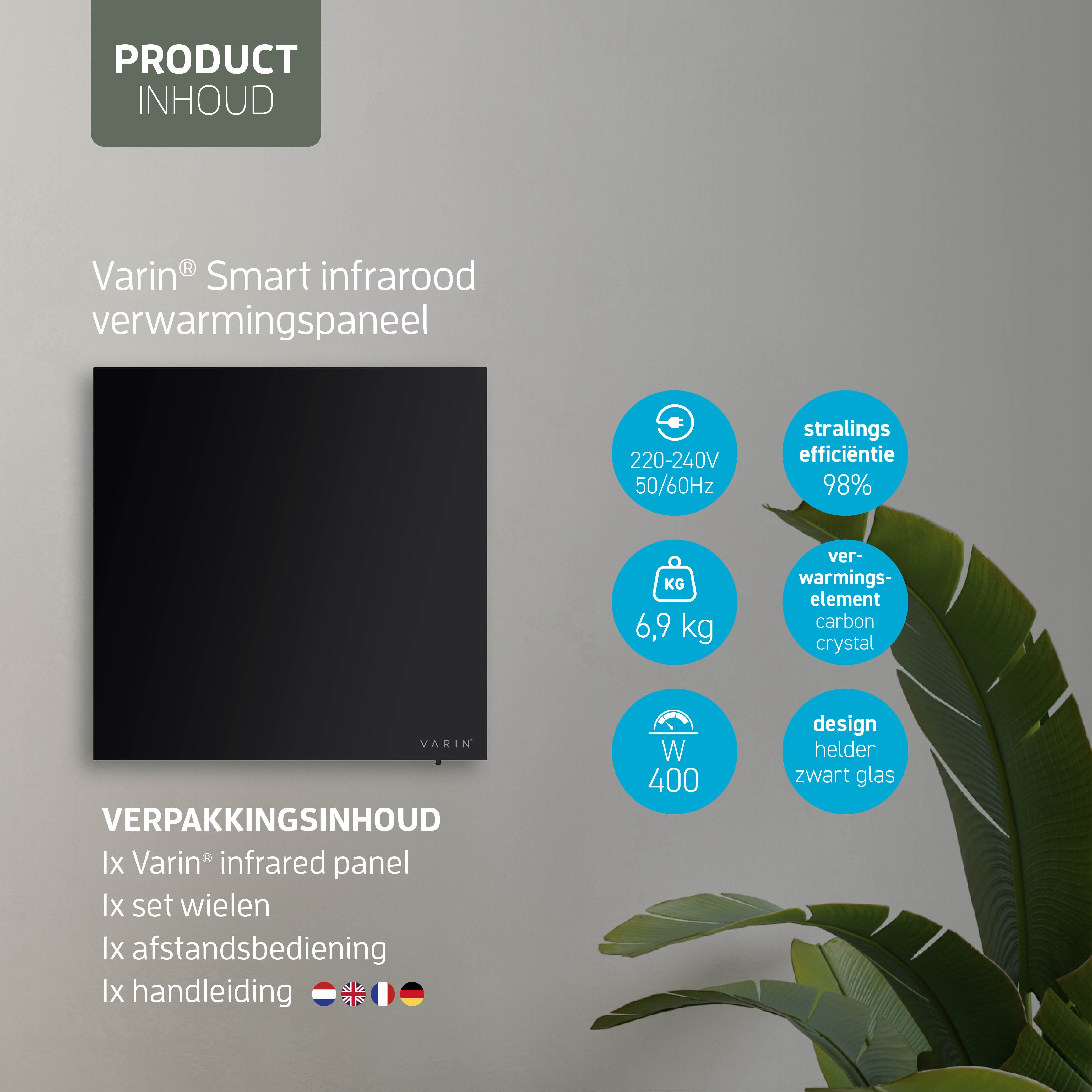 Varin® Smart Design Infrarood verwarmingspaneel - 400W - 60x60cm - Zwart glas - IP24 - Tuya Wifi