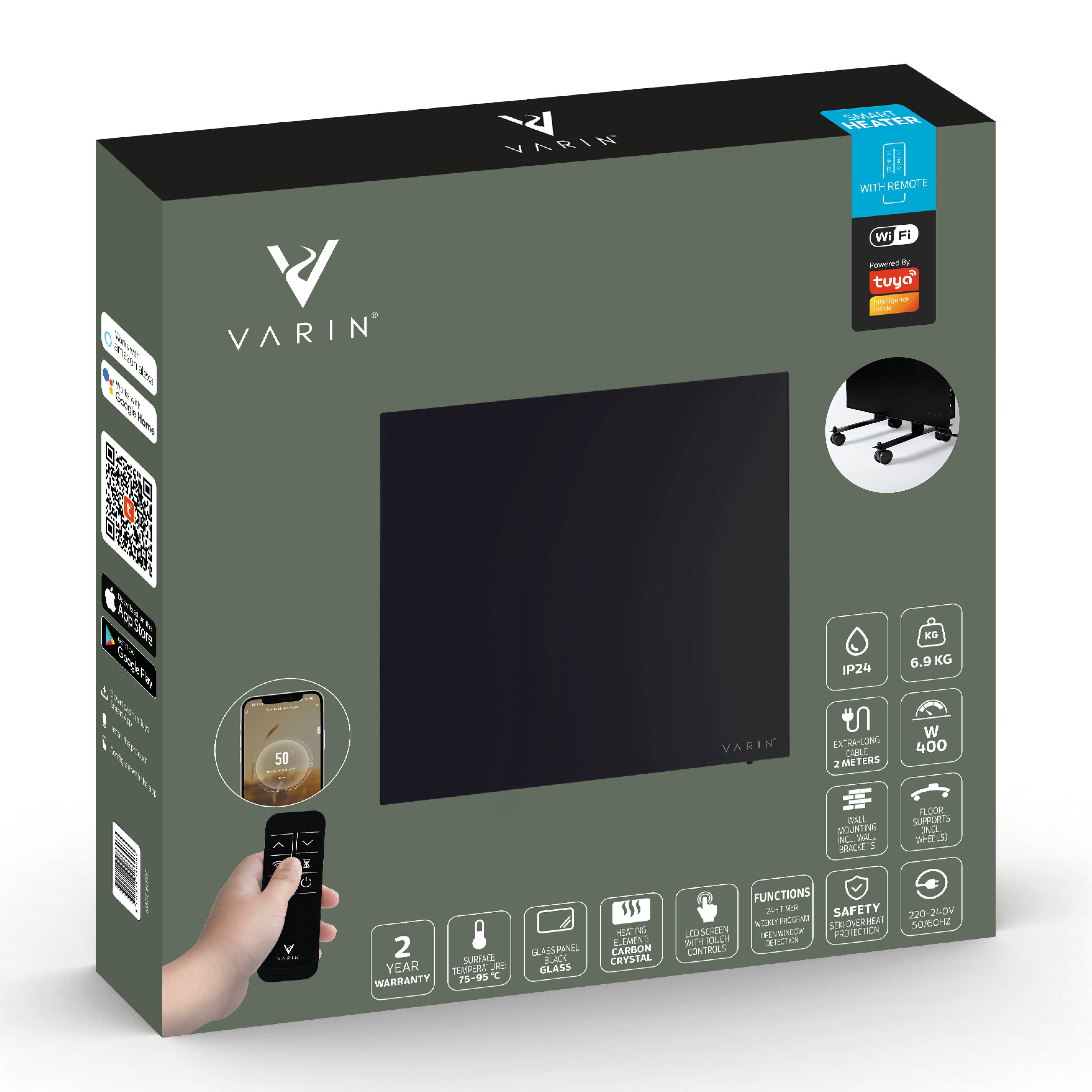 Varin® Smart Design Infrarood verwarmingspaneel - 400W - 60x60cm - Zwart glas - IP24 - Tuya Wifi
