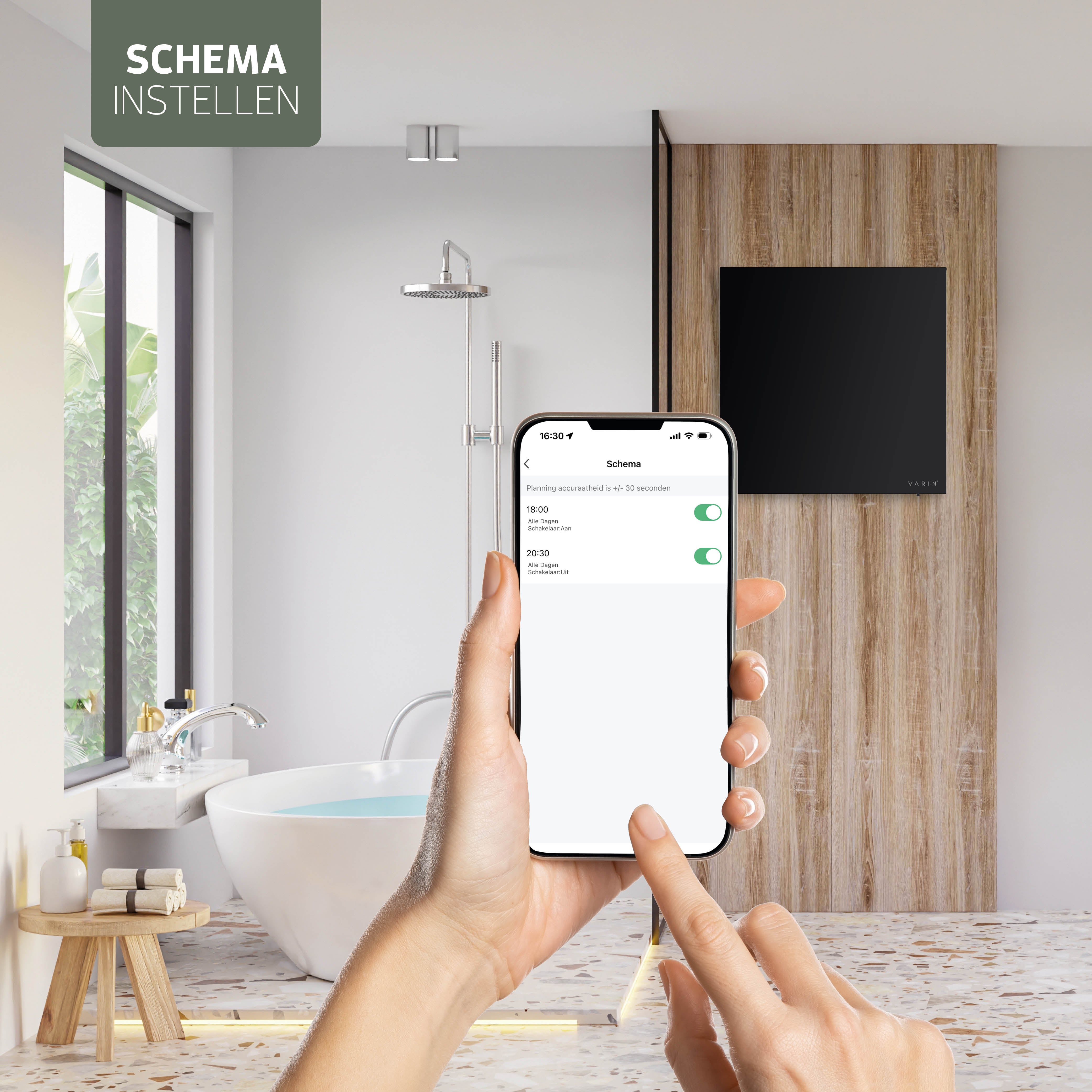 Varin® Smart Design Infrarood verwarmingspaneel - 400W - 60x60cm - Zwart glas - IP24 - Tuya Wifi