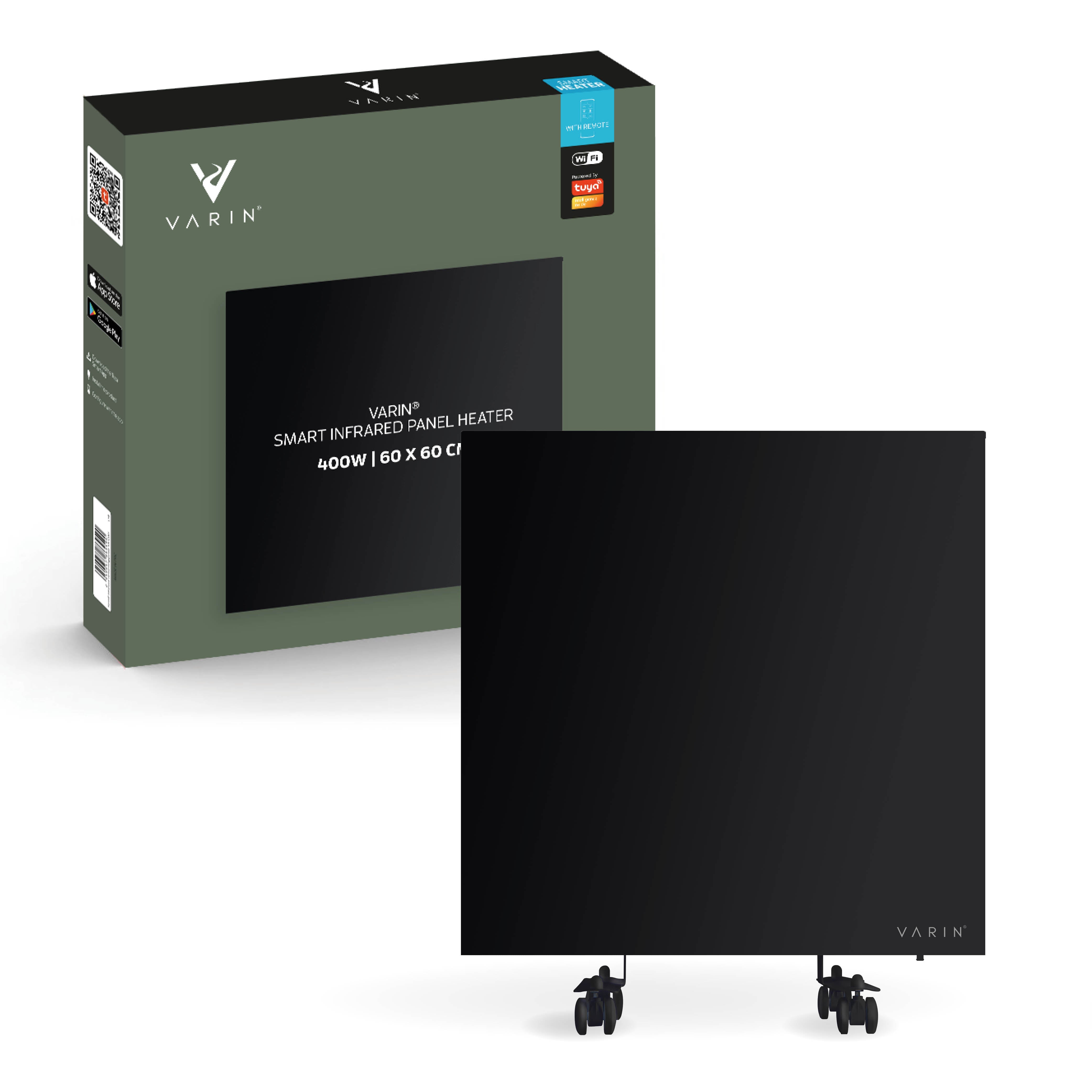 Varin® Smart Design Infrarood verwarmingspaneel - 400W - 60x60cm - Zwart glas - IP24 - Tuya Wifi