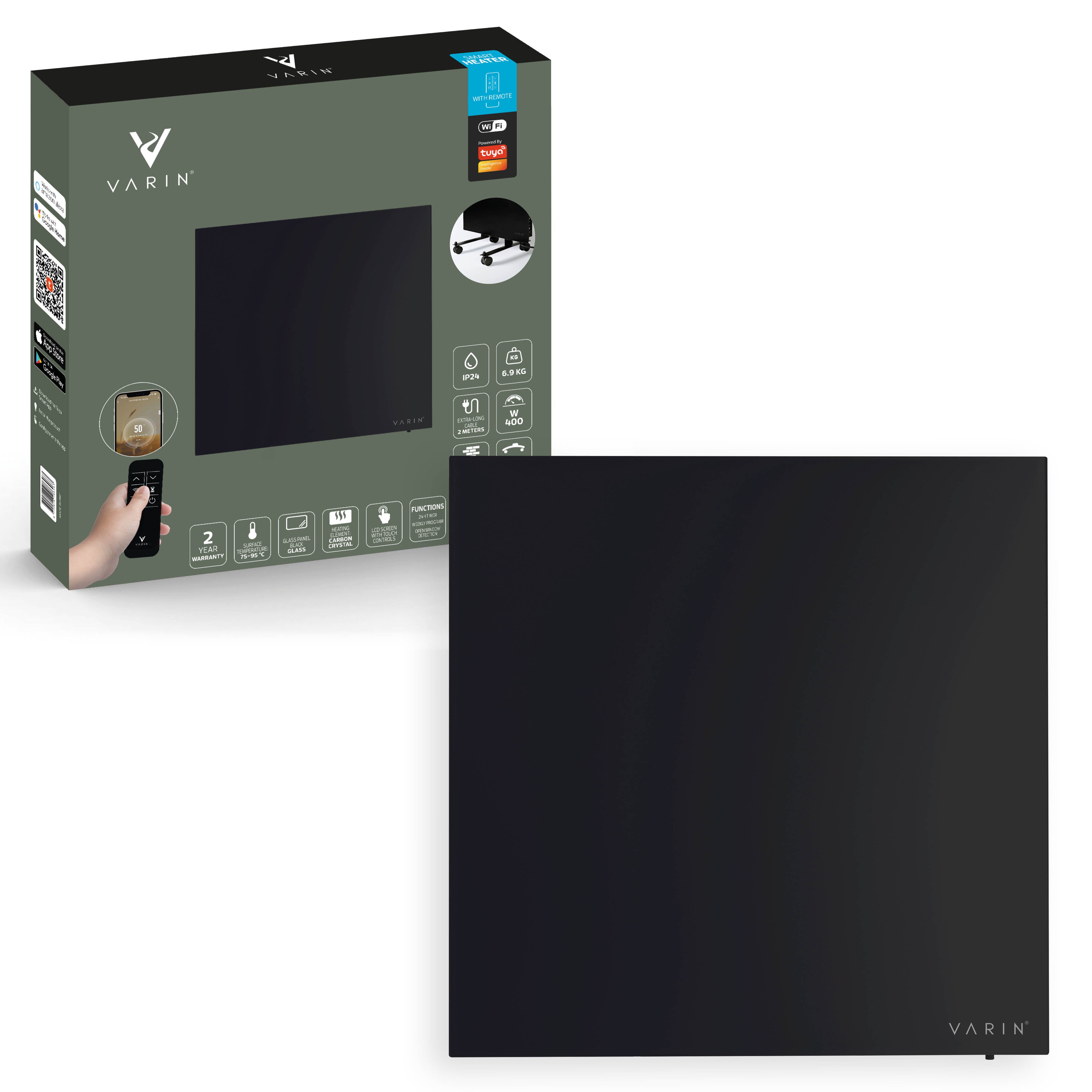 Varin® Smart Design Infrarood verwarmingspaneel - 400W - 60x60cm - Zwart glas - IP24 - Tuya Wifi
