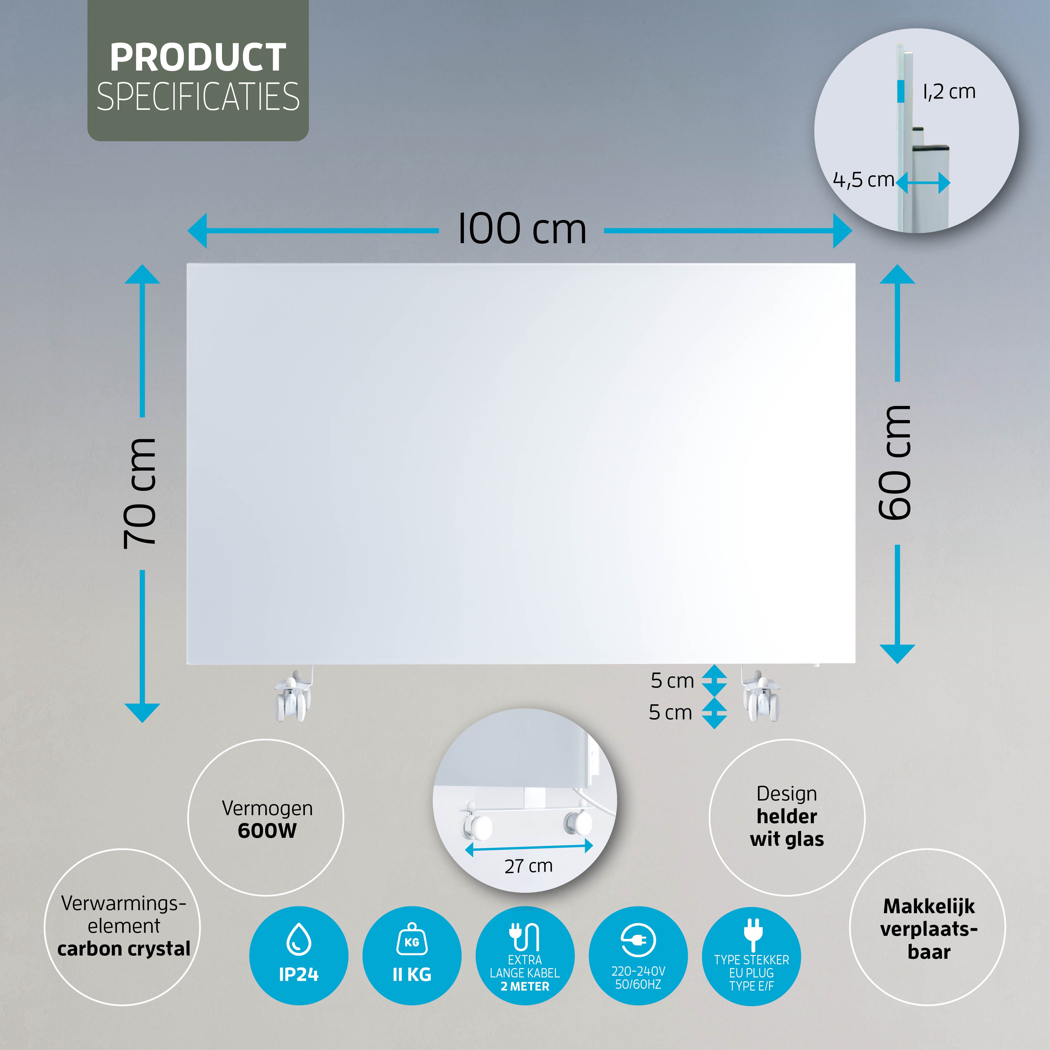 Varin® Smart Design Infrarood verwarmingspaneel - 600W - 100x60cm - Wit glas - IP24 - Tuya Wifi