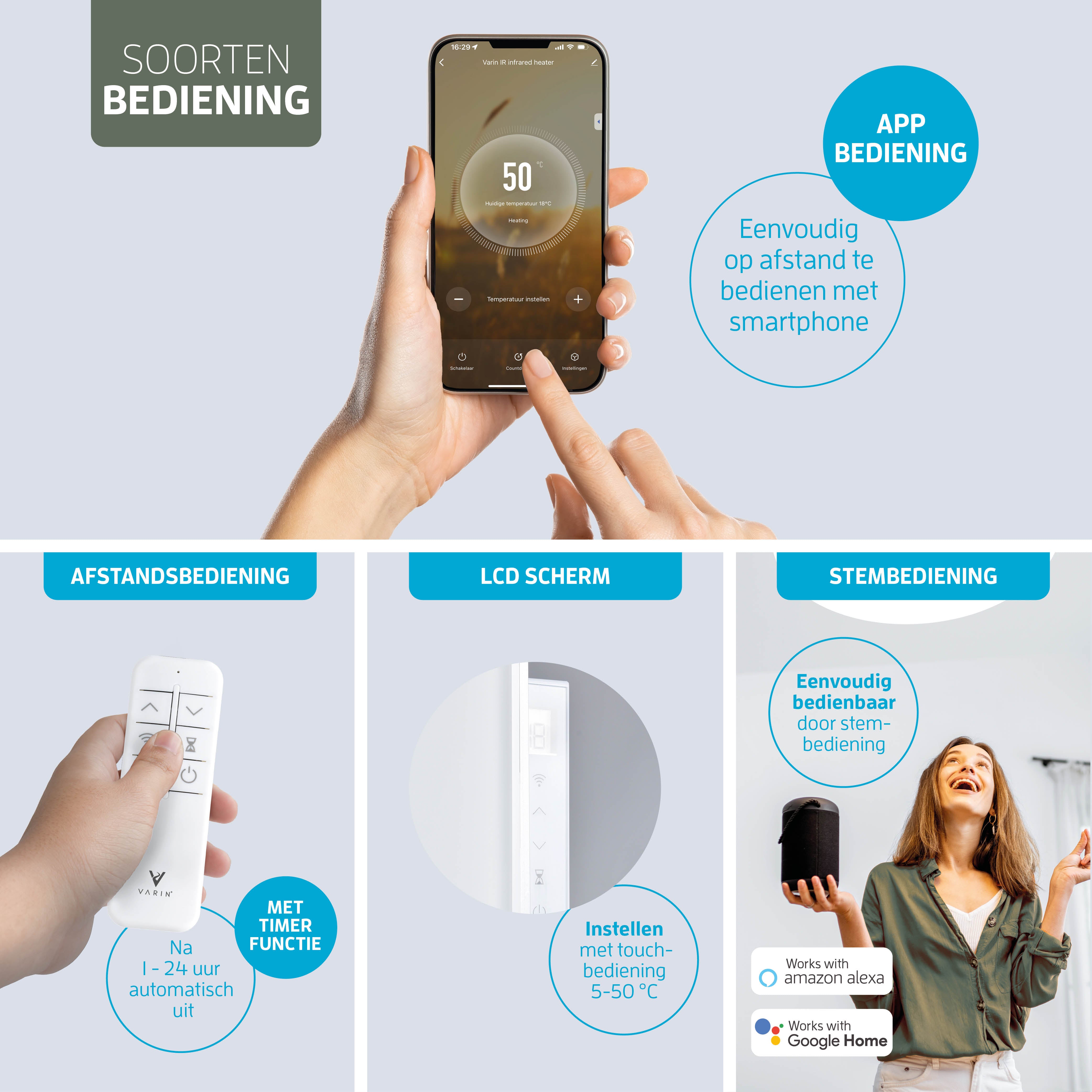 Varin® Smart Design Infrarood verwarmingspaneel - 600W - 100x60cm - Wit glas - IP24 - Tuya Wifi