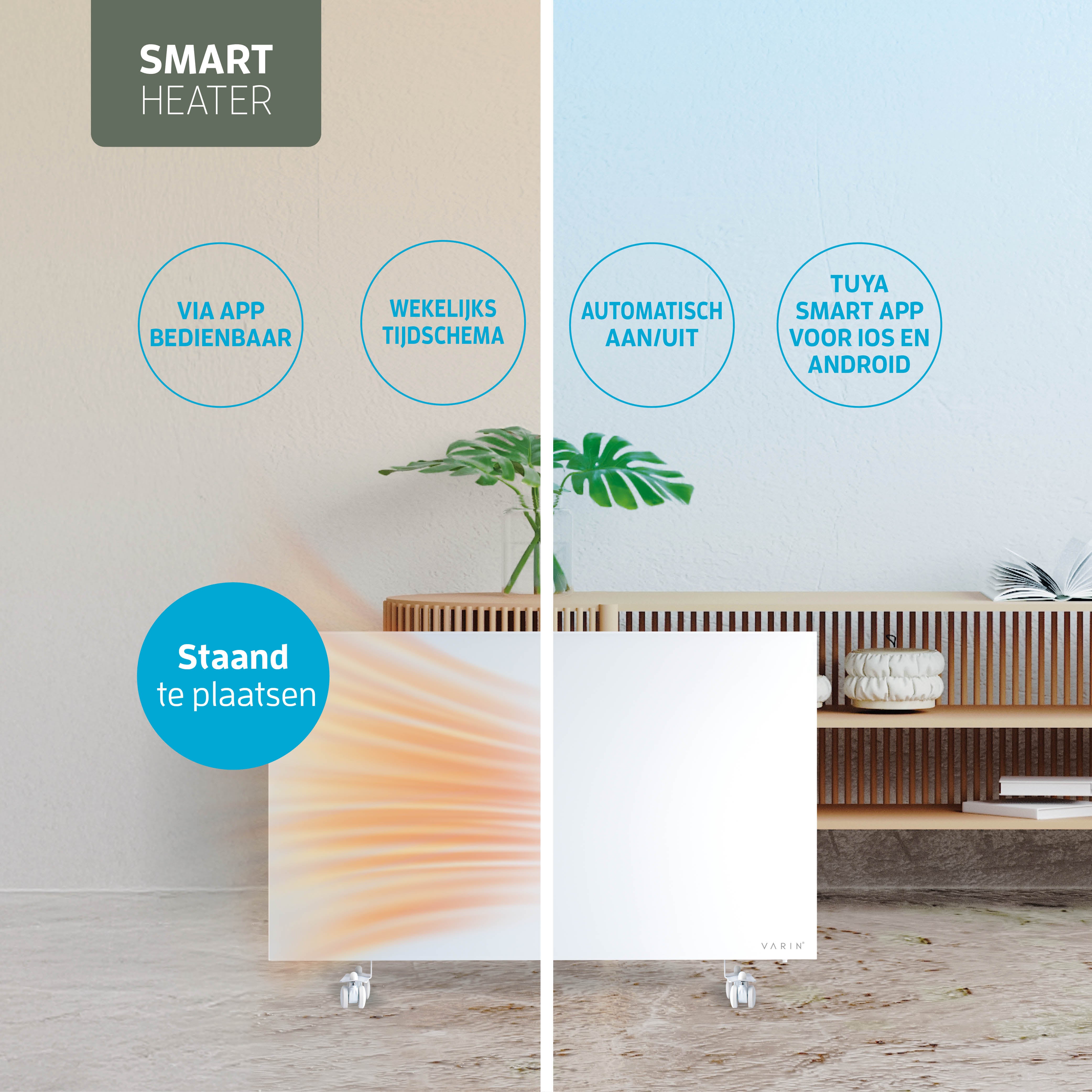 Varin® Smart Design Infrarood verwarmingspaneel - 600W - 100x60cm - Wit glas - IP24 - Tuya Wifi