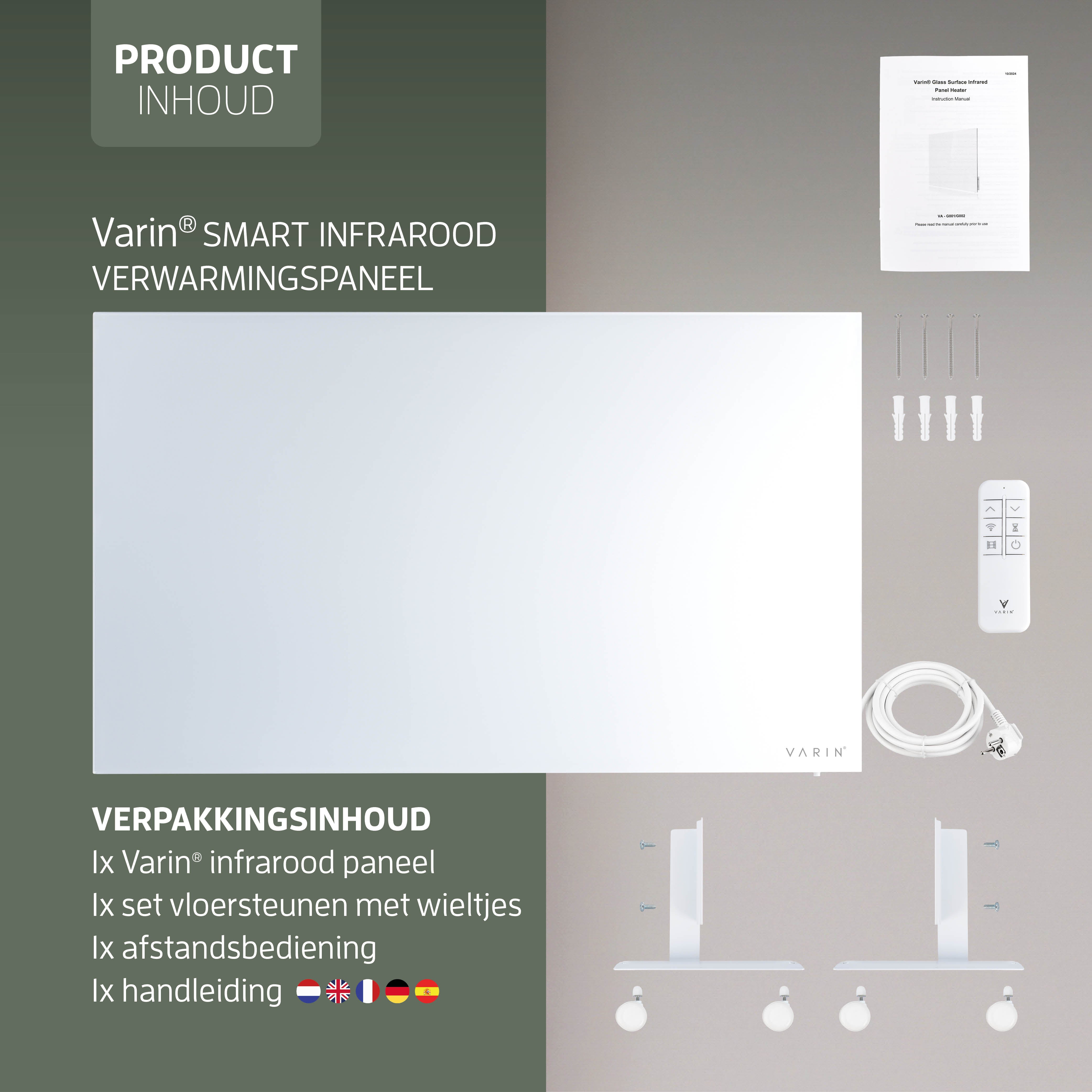 Varin® Smart Design Infrarood verwarmingspaneel - 600W - 100x60cm - Wit glas - IP24 - Tuya Wifi
