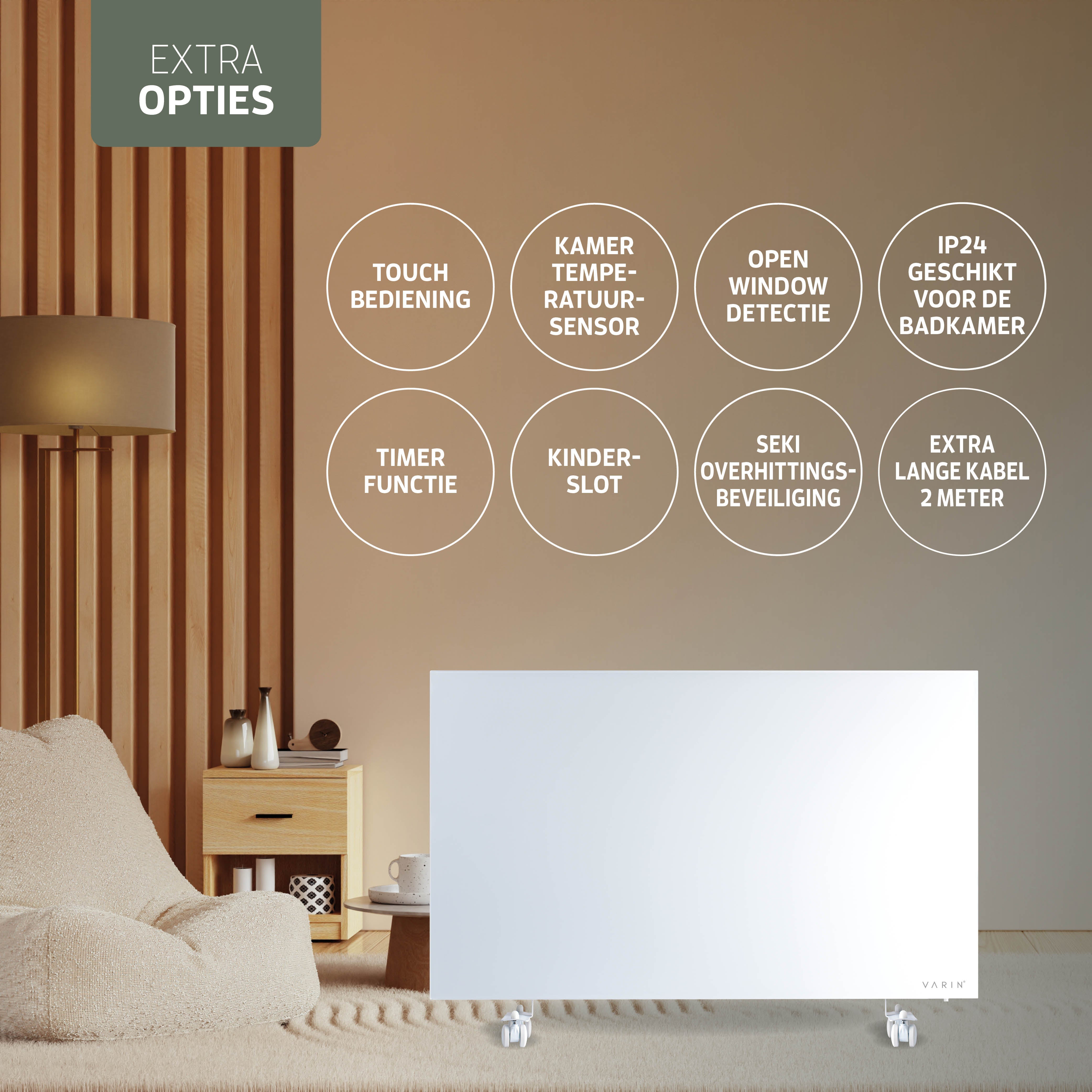 Varin® Smart Design Infrarood verwarmingspaneel - 600W - 100x60cm - Wit glas - IP24 - Tuya Wifi