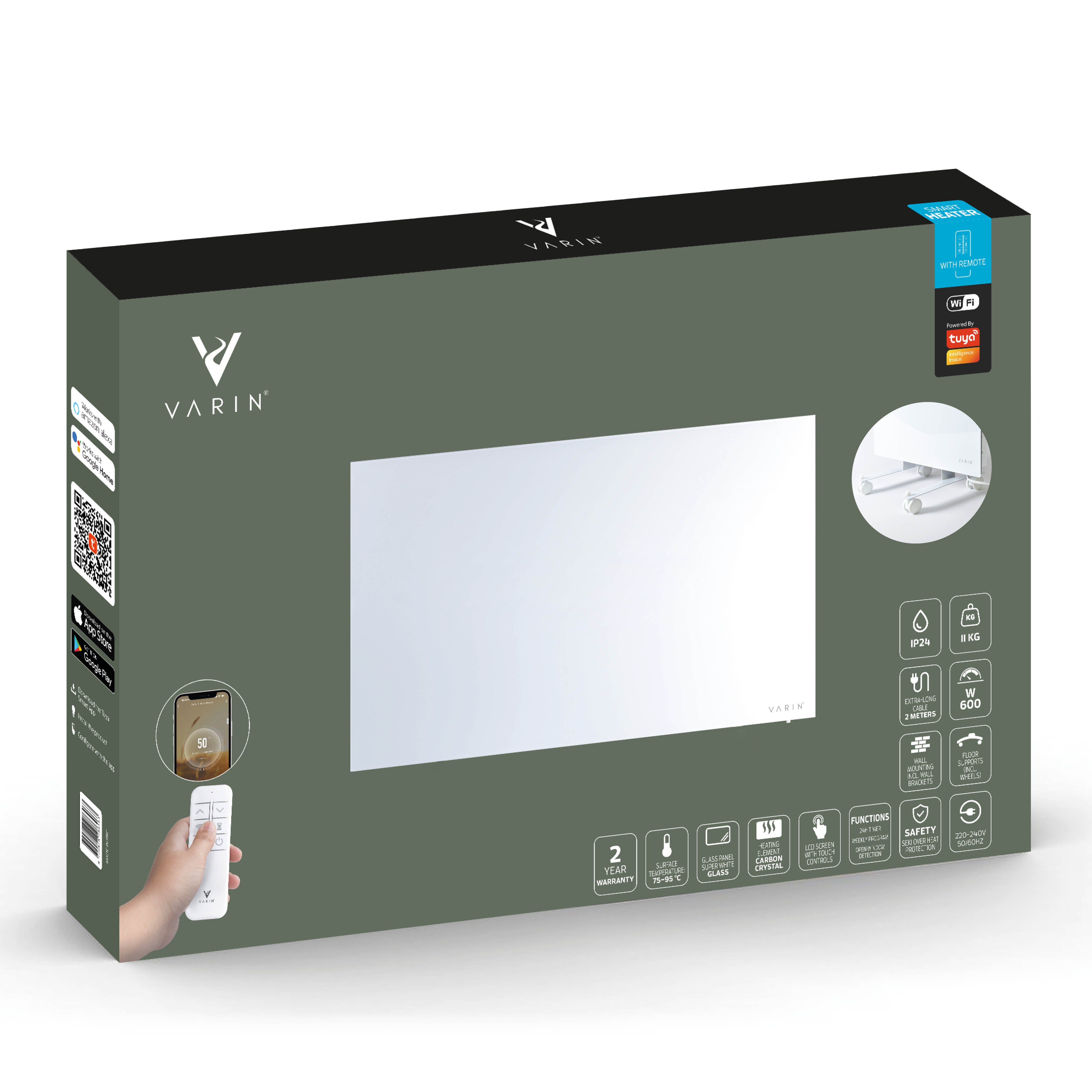 Varin® Smart Design Infrarood verwarmingspaneel - 600W - 100x60cm - Wit glas - IP24 - Tuya Wifi