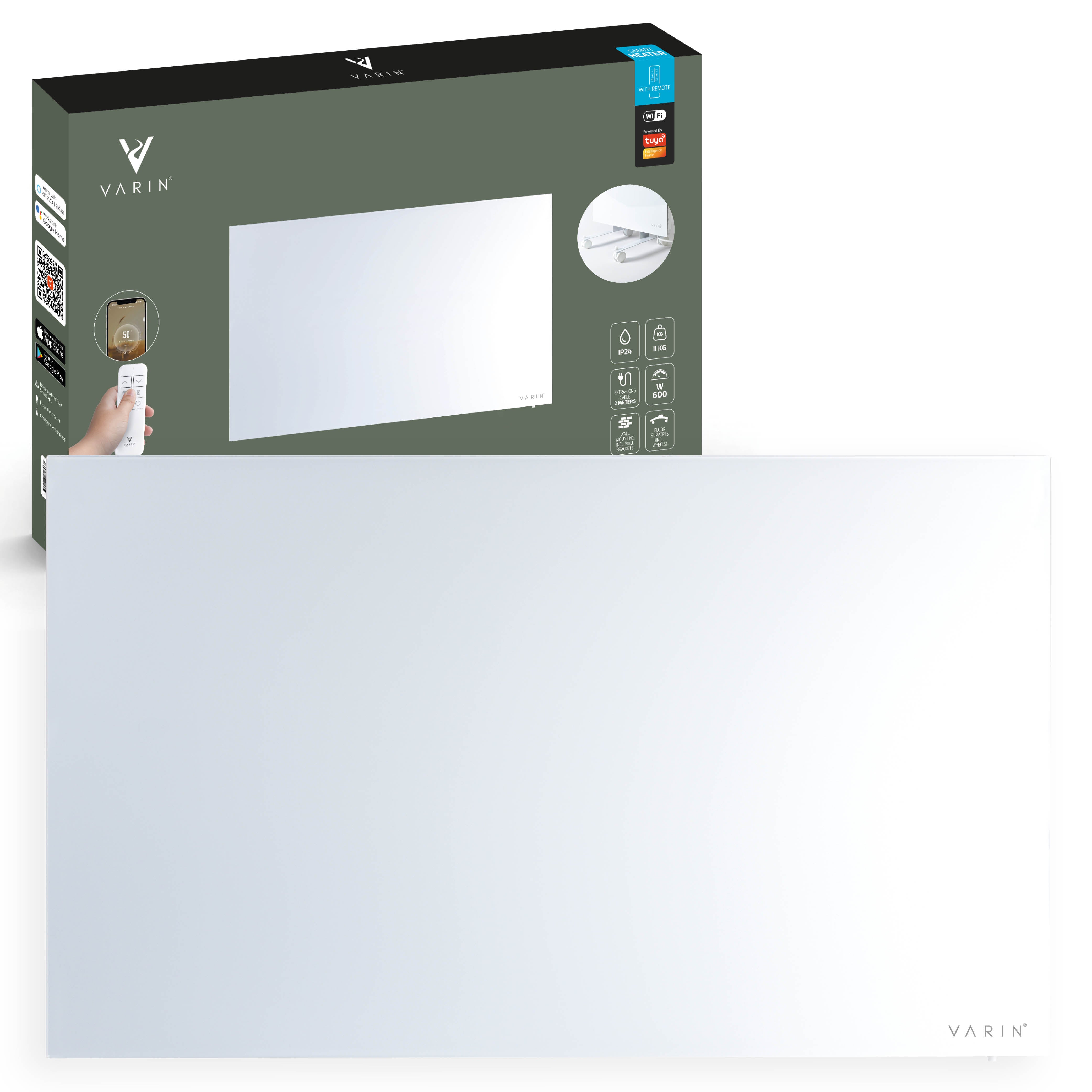 Varin® Smart Design Infrarood verwarmingspaneel - 600W - 100x60cm - Wit glas - IP24 - Tuya Wifi