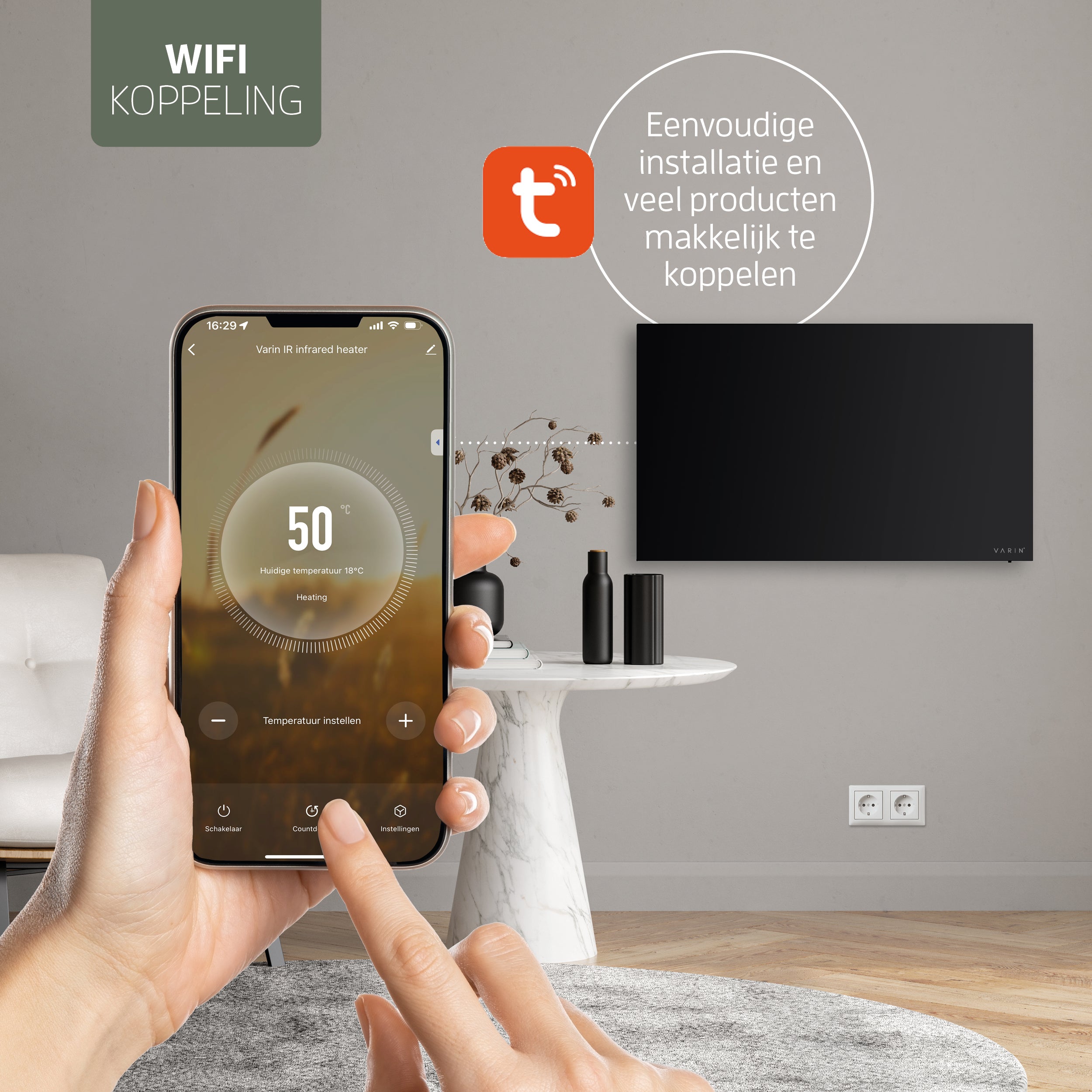 Varin® Smart Design Infrarood verwarmingspaneel - 600W - 100x60cm - Zwart glas - IP24 - Tuya Wifi