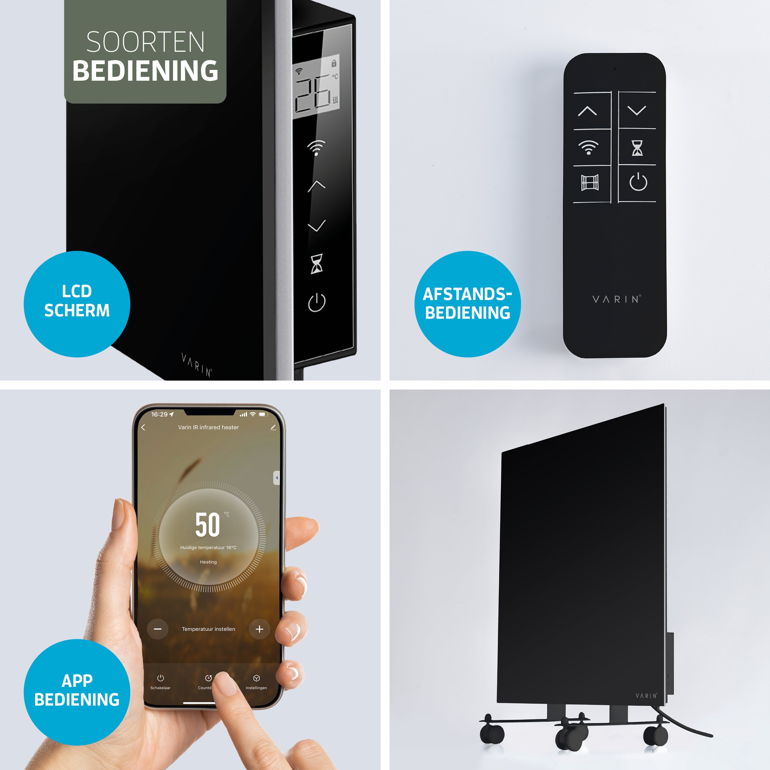 Varin® Smart Design Infrarood verwarmingspaneel - 600W - 100x60cm - Zwart glas - IP24 - Tuya Wifi