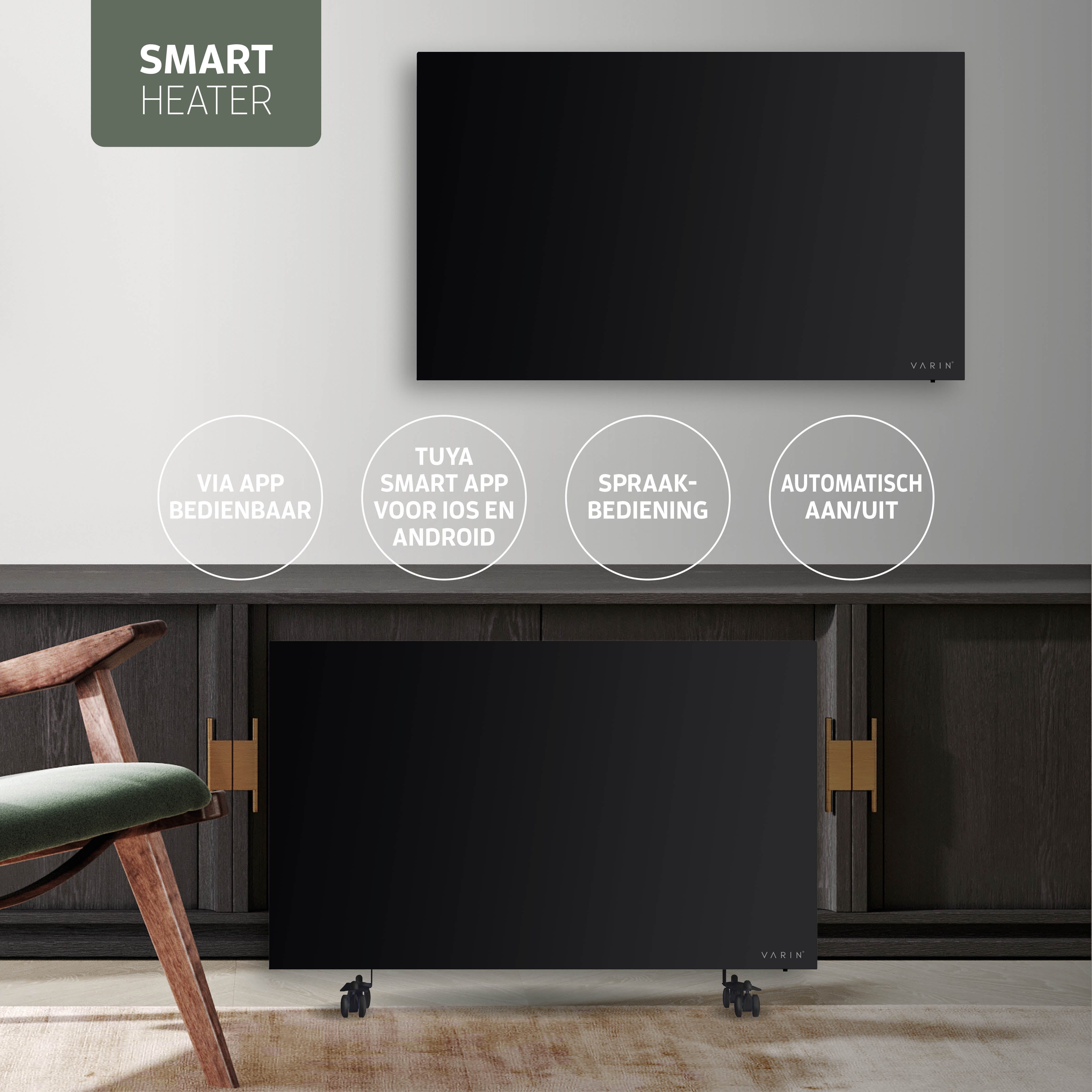 Varin® Smart Design Infrarood verwarmingspaneel - 600W - 100x60cm - Zwart glas - IP24 - Tuya Wifi