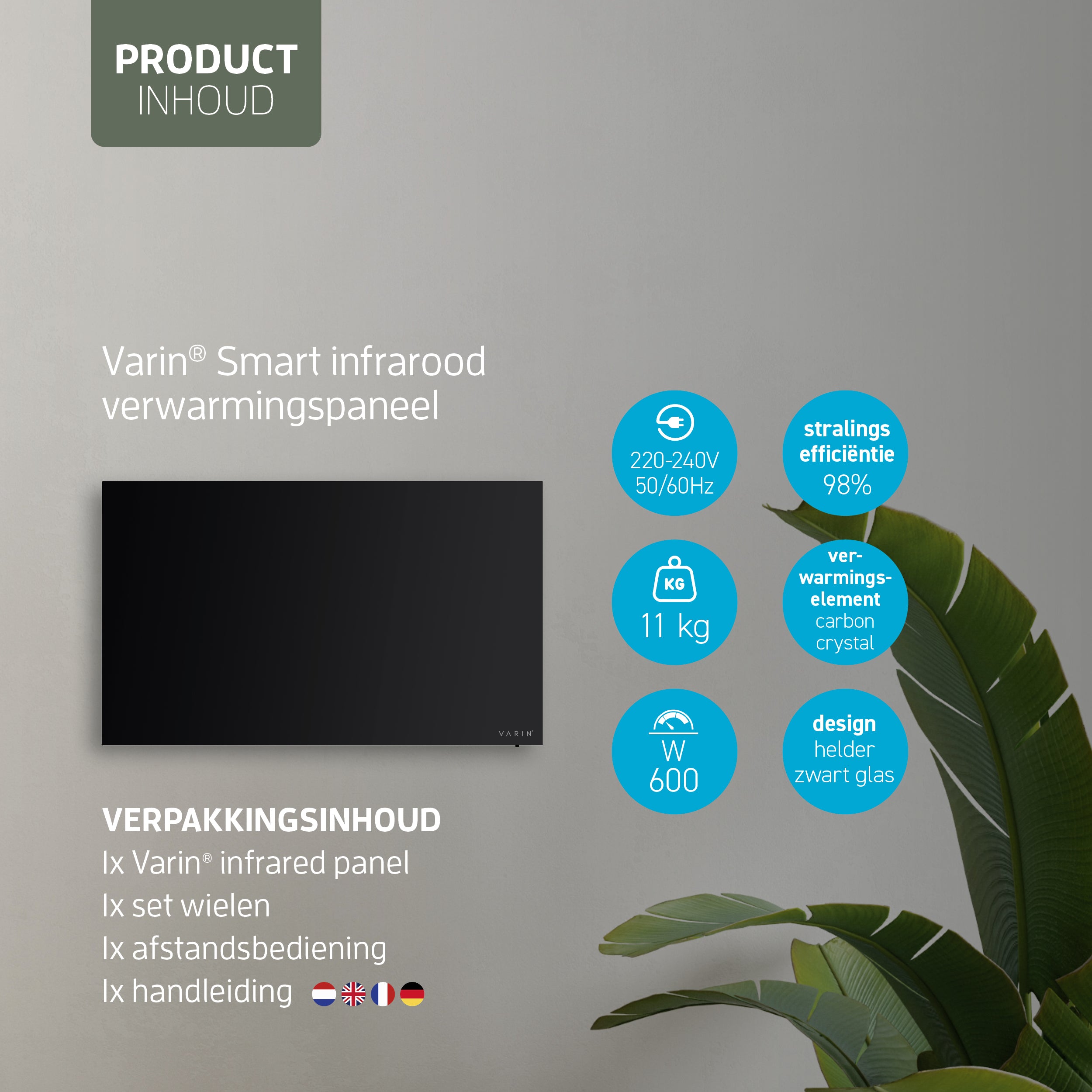 Varin® Smart Design Infrarood verwarmingspaneel - 600W - 100x60cm - Zwart glas - IP24 - Tuya Wifi