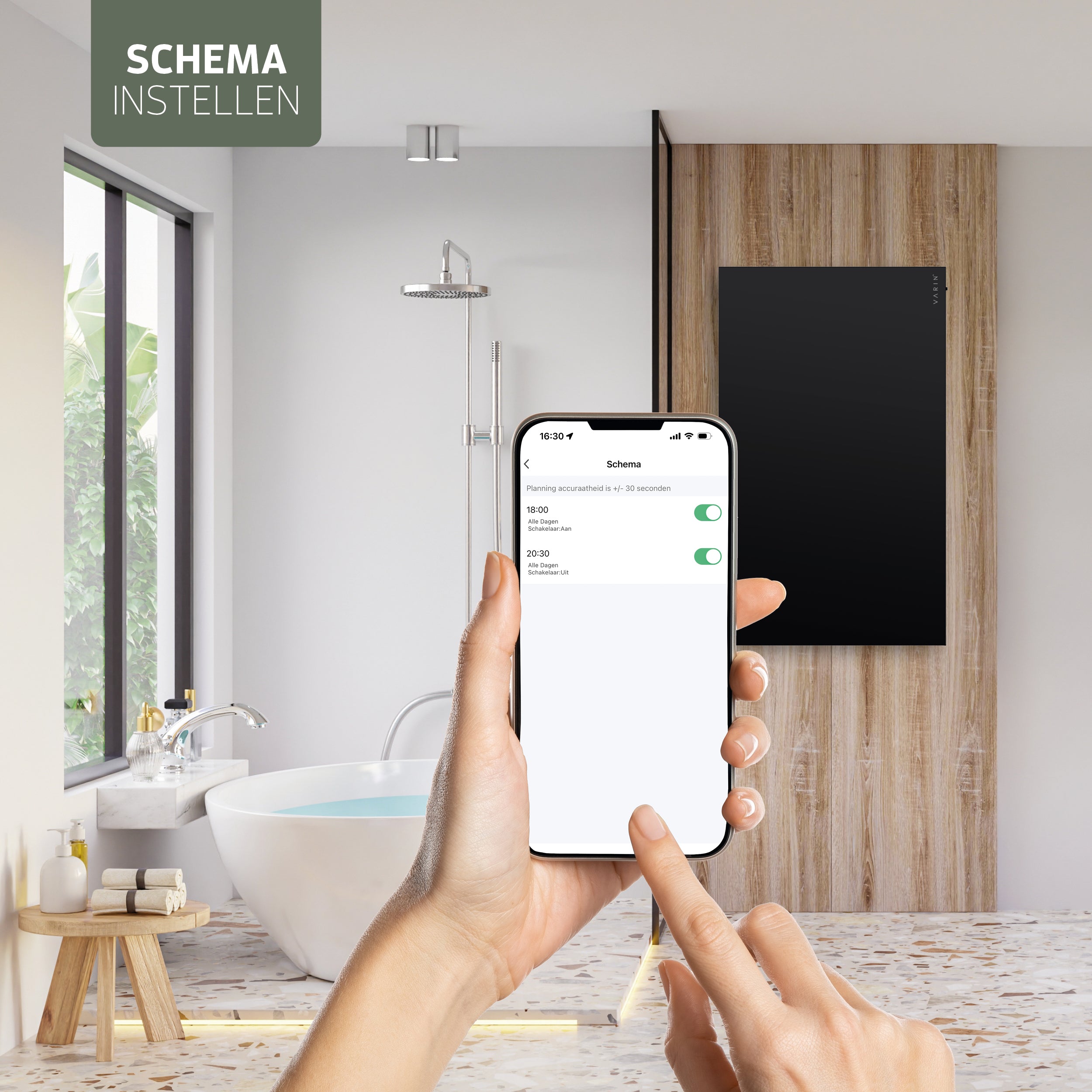 Varin® Smart Design Infrarood verwarmingspaneel - 600W - 100x60cm - Zwart glas - IP24 - Tuya Wifi