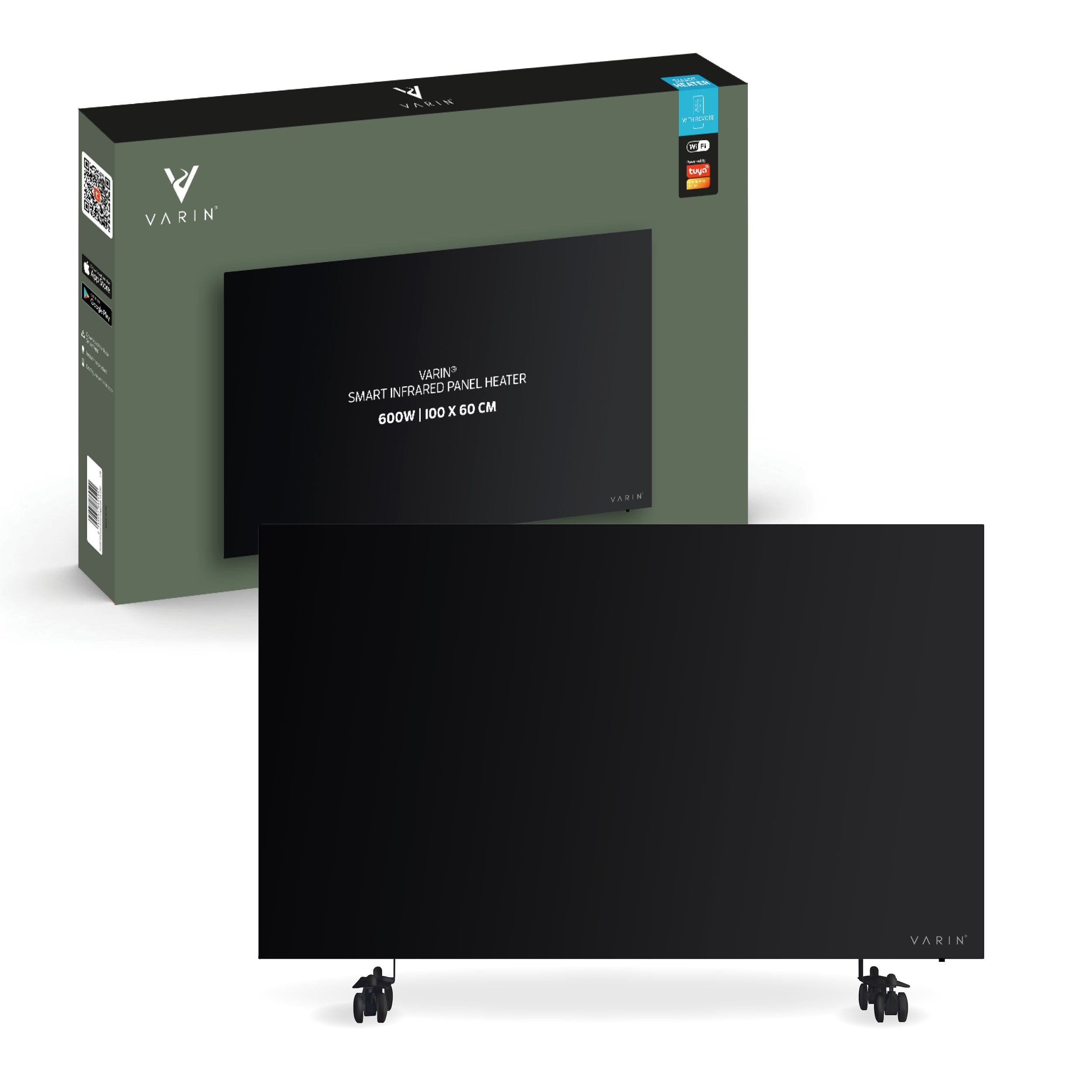Varin® Smart Design Infrarood verwarmingspaneel - 600W - 100x60cm - Zwart glas - IP24 - Tuya Wifi