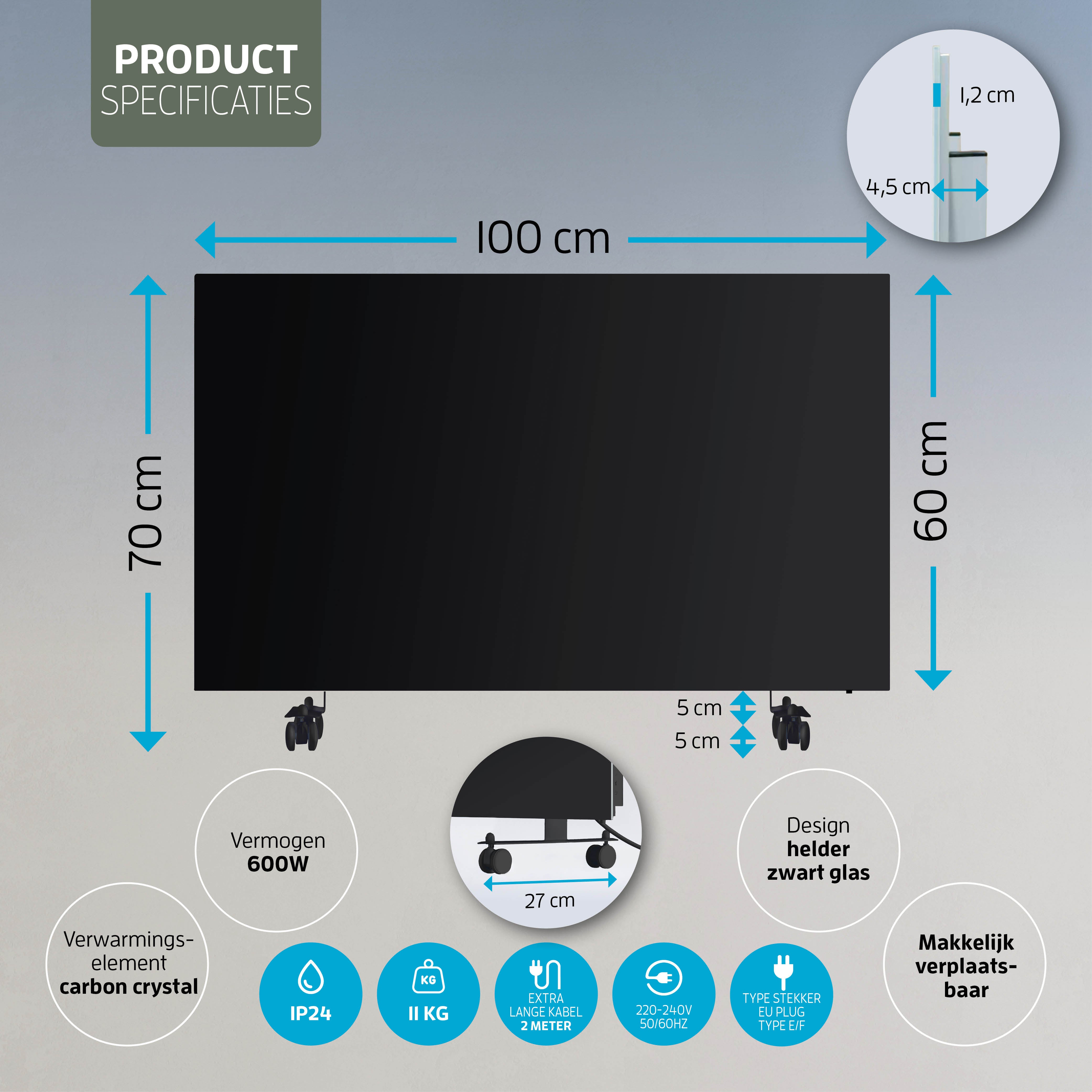 Varin® Smart Design Infrarot-Heizpaneel – 600W – 100 x 60 cm – schwarzes Glas – IP24 – Tuya-WLAN