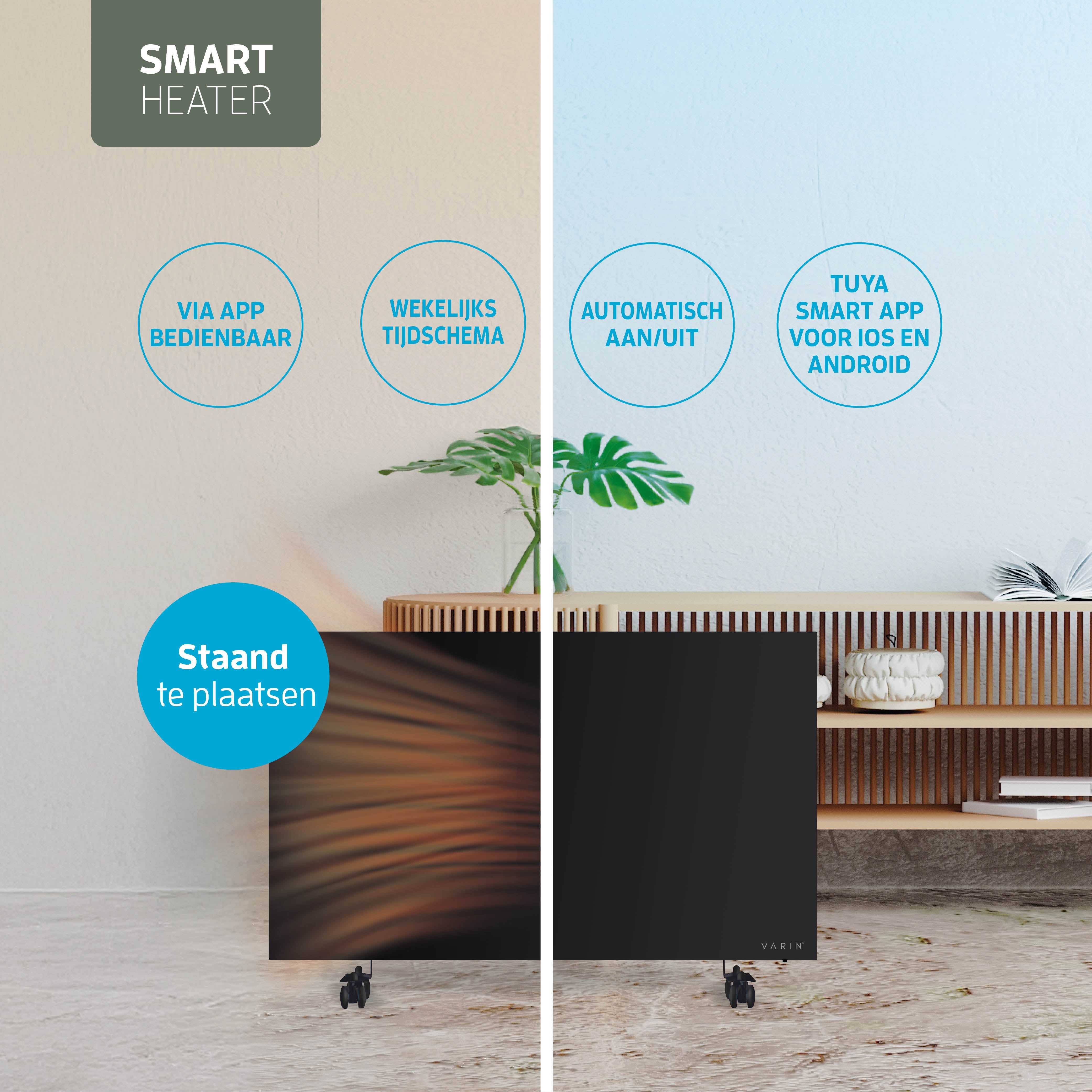 Varin® Smart Design Infrarot-Heizpaneel – 600W – 100 x 60 cm – schwarzes Glas – IP24 – Tuya-WLAN
