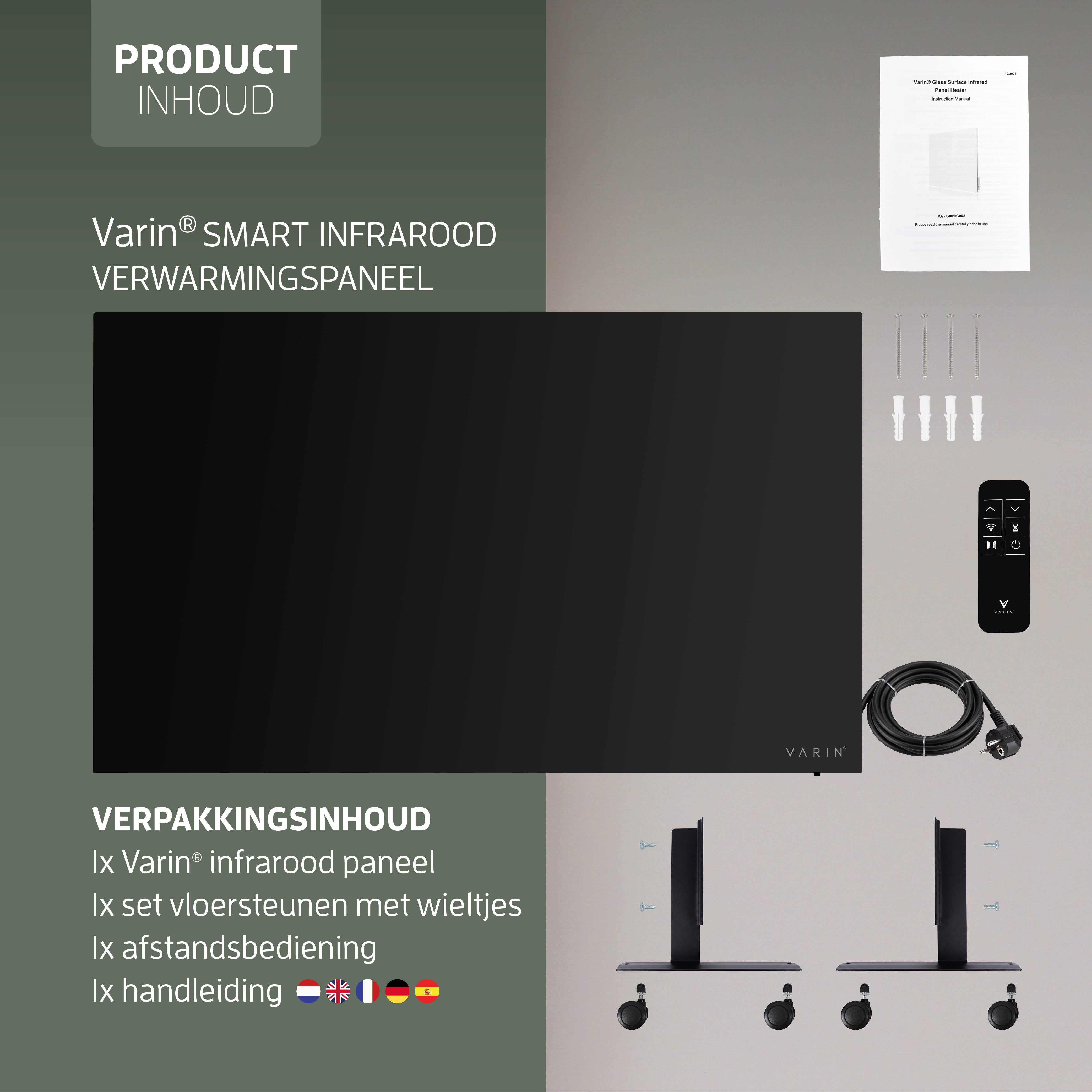 Varin® Smart Design Infrarot-Heizpaneel – 600W – 100 x 60 cm – schwarzes Glas – IP24 – Tuya-WLAN