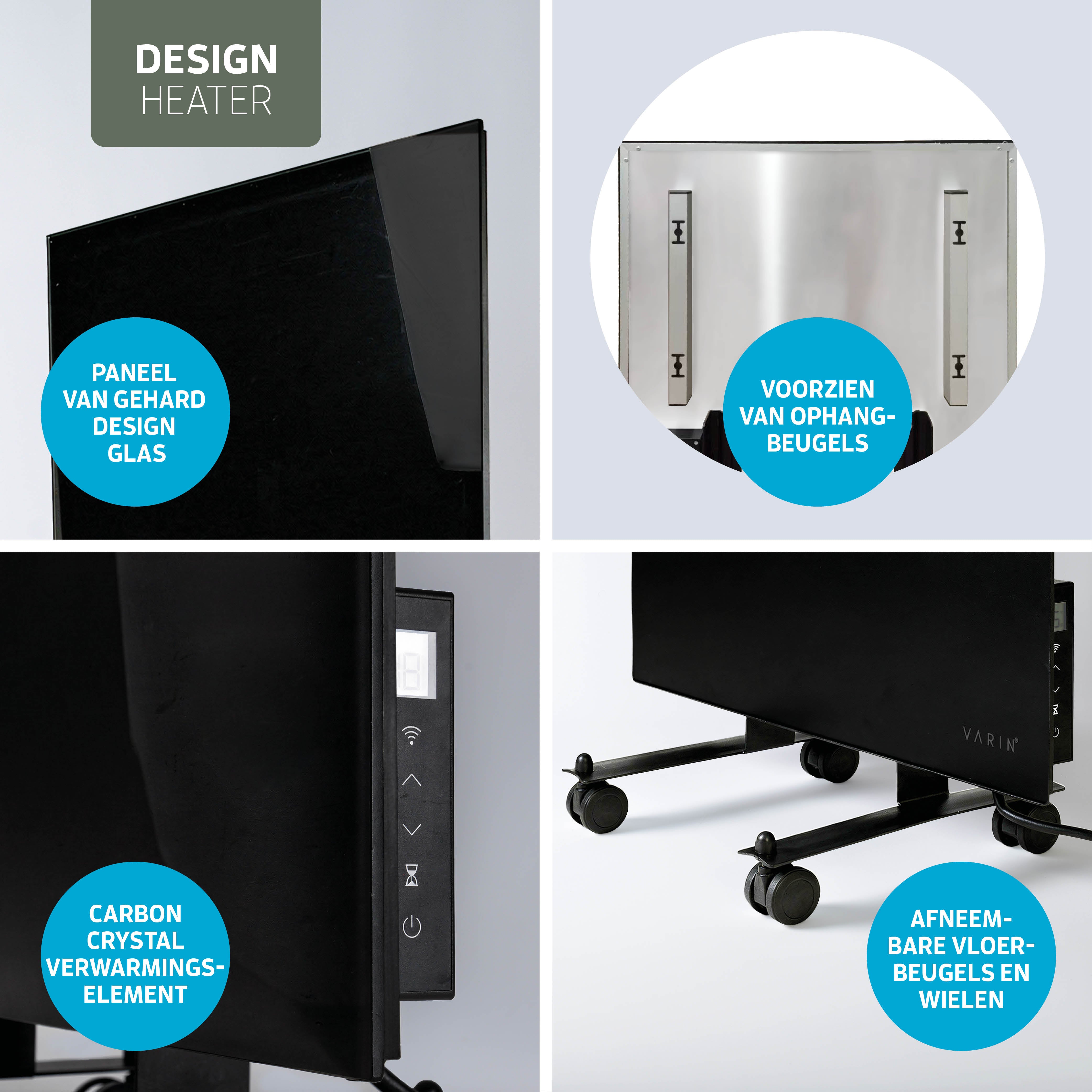 Varin® Smart Design Infrarot-Heizpaneel – 600W – 100 x 60 cm – schwarzes Glas – IP24 – Tuya-WLAN