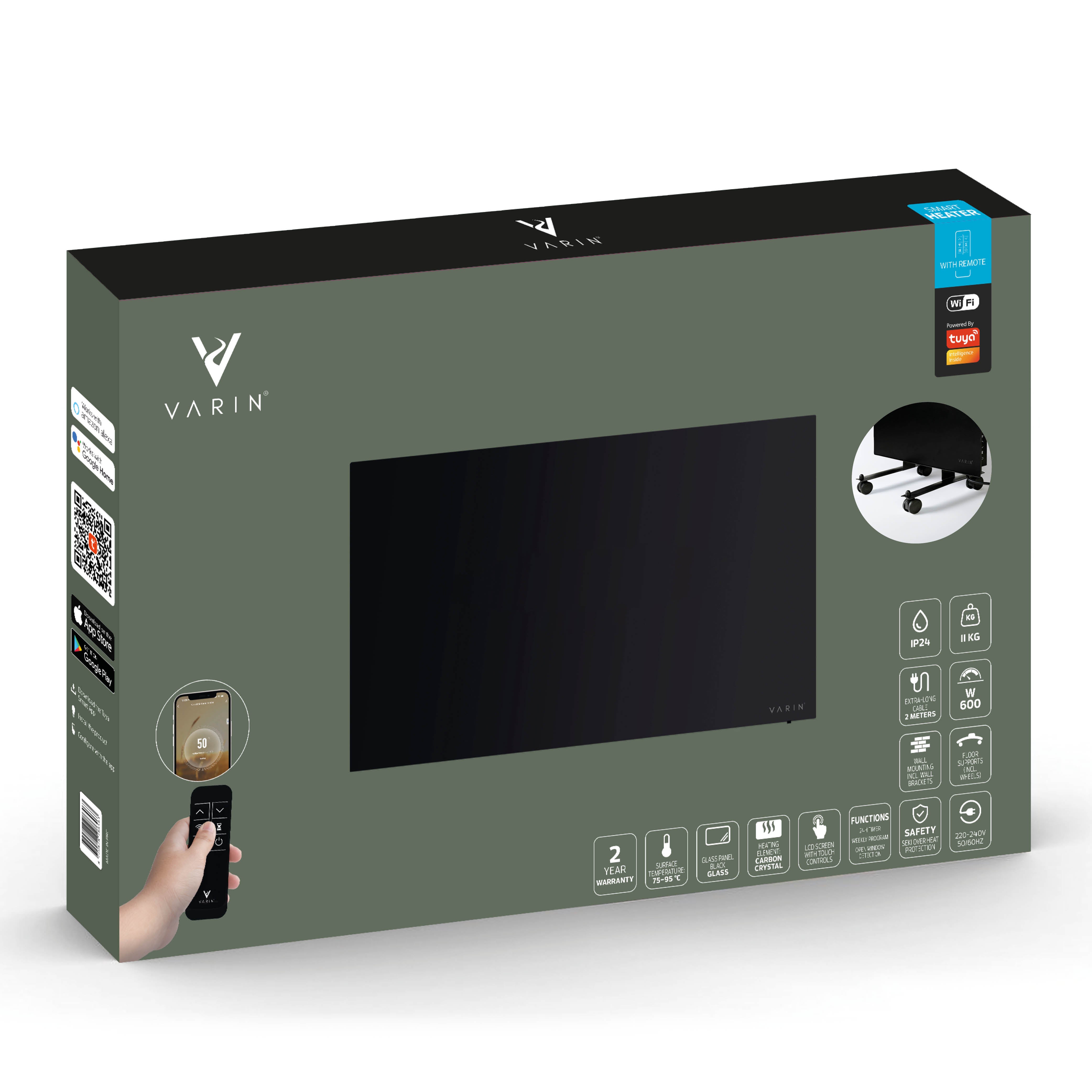 Varin® Smart Design Infrarot-Heizpaneel – 600W – 100 x 60 cm – schwarzes Glas – IP24 – Tuya-WLAN