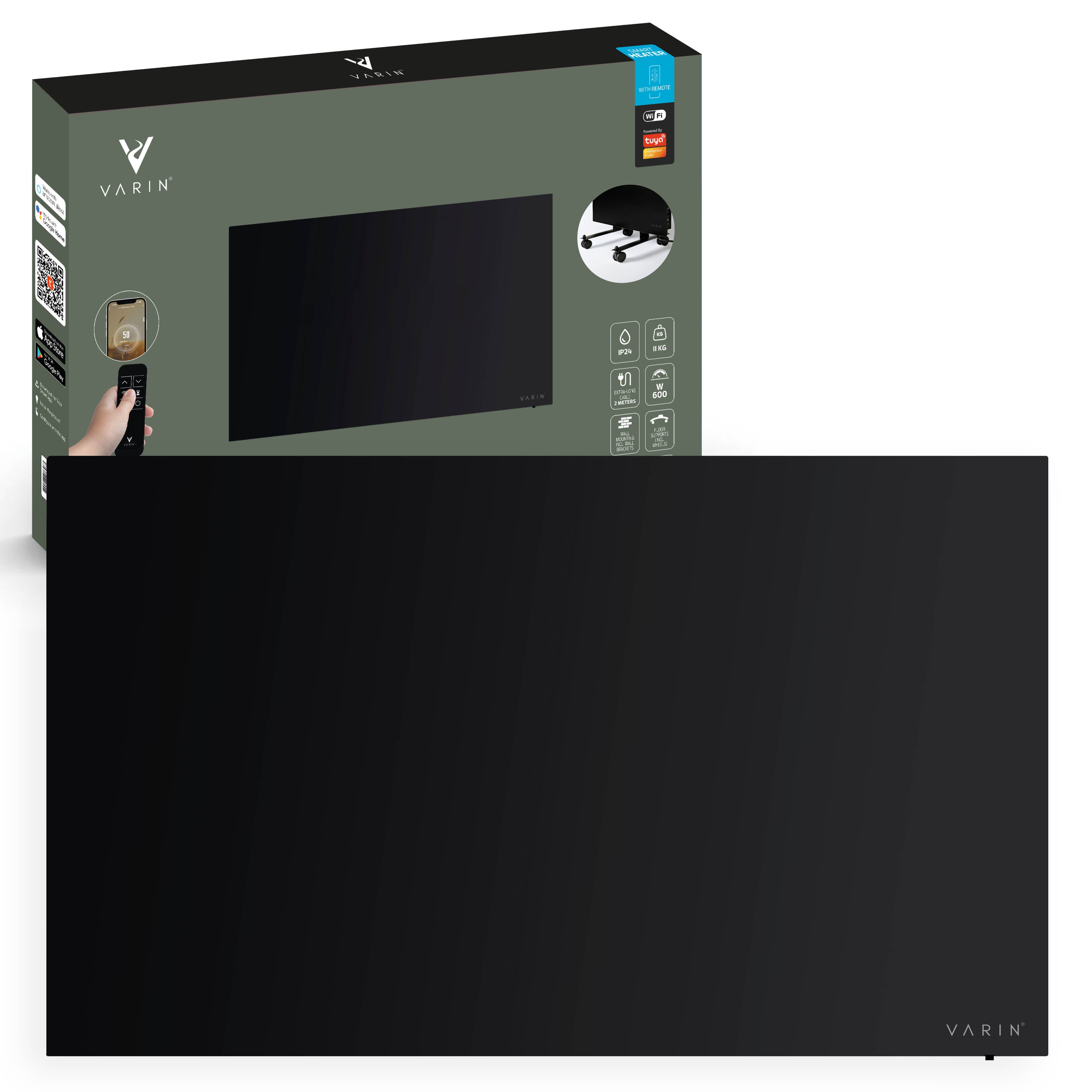 Varin® Smart Design Infrarot-Heizpaneel – 600W – 100 x 60 cm – schwarzes Glas – IP24 – Tuya-WLAN
