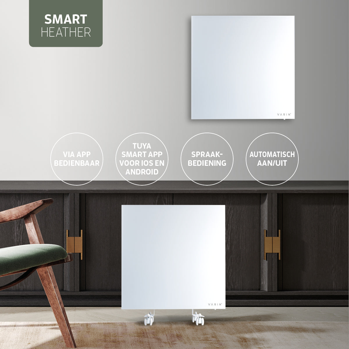 Varin® Smart Design Infrarood verwarmingspaneel - 400W - 60x60cm - Helder wit glas - IP24 - Tuya Wifi