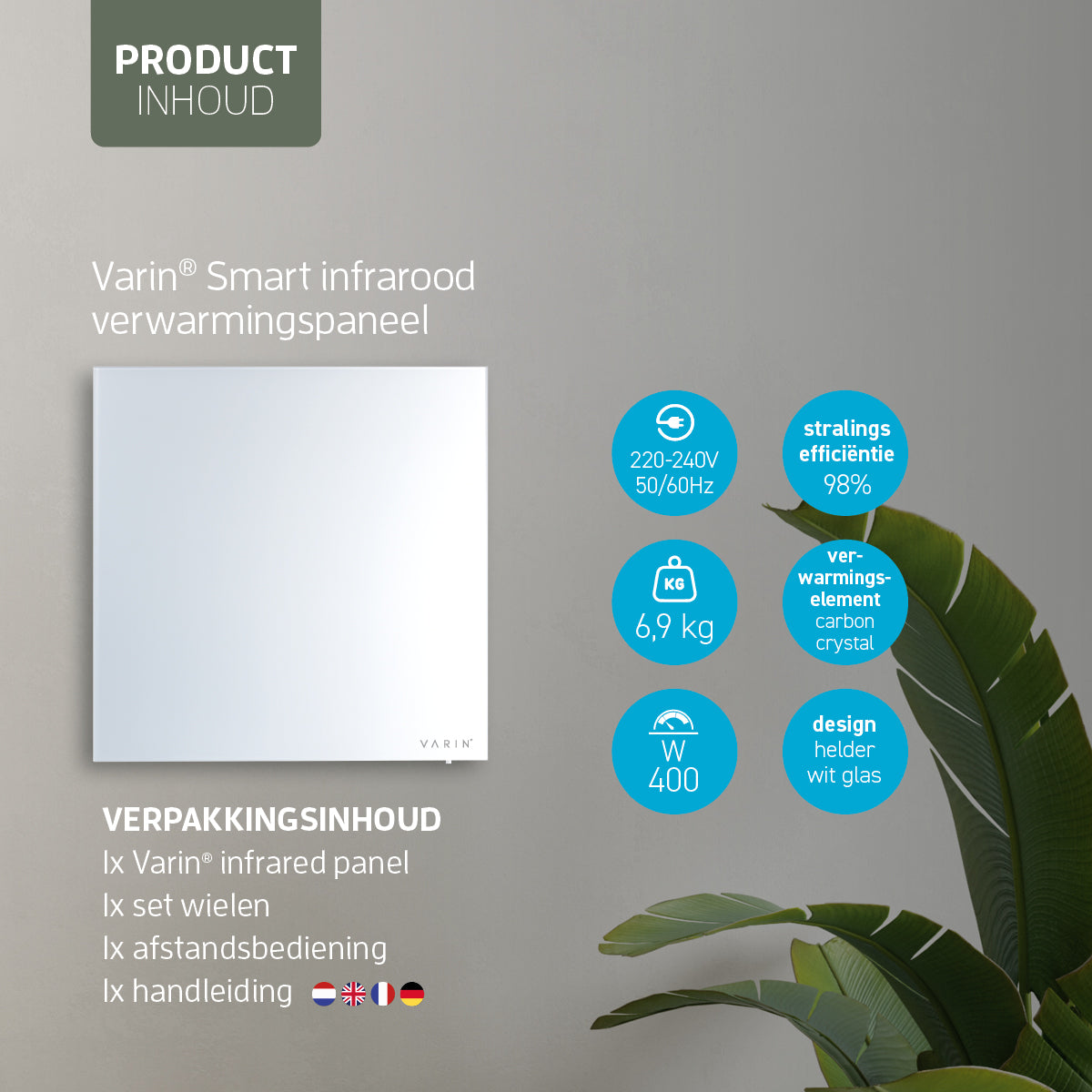 Varin® Smart Design Infrarood verwarmingspaneel - 400W - 60x60cm - Helder wit glas - IP24 - Tuya Wifi