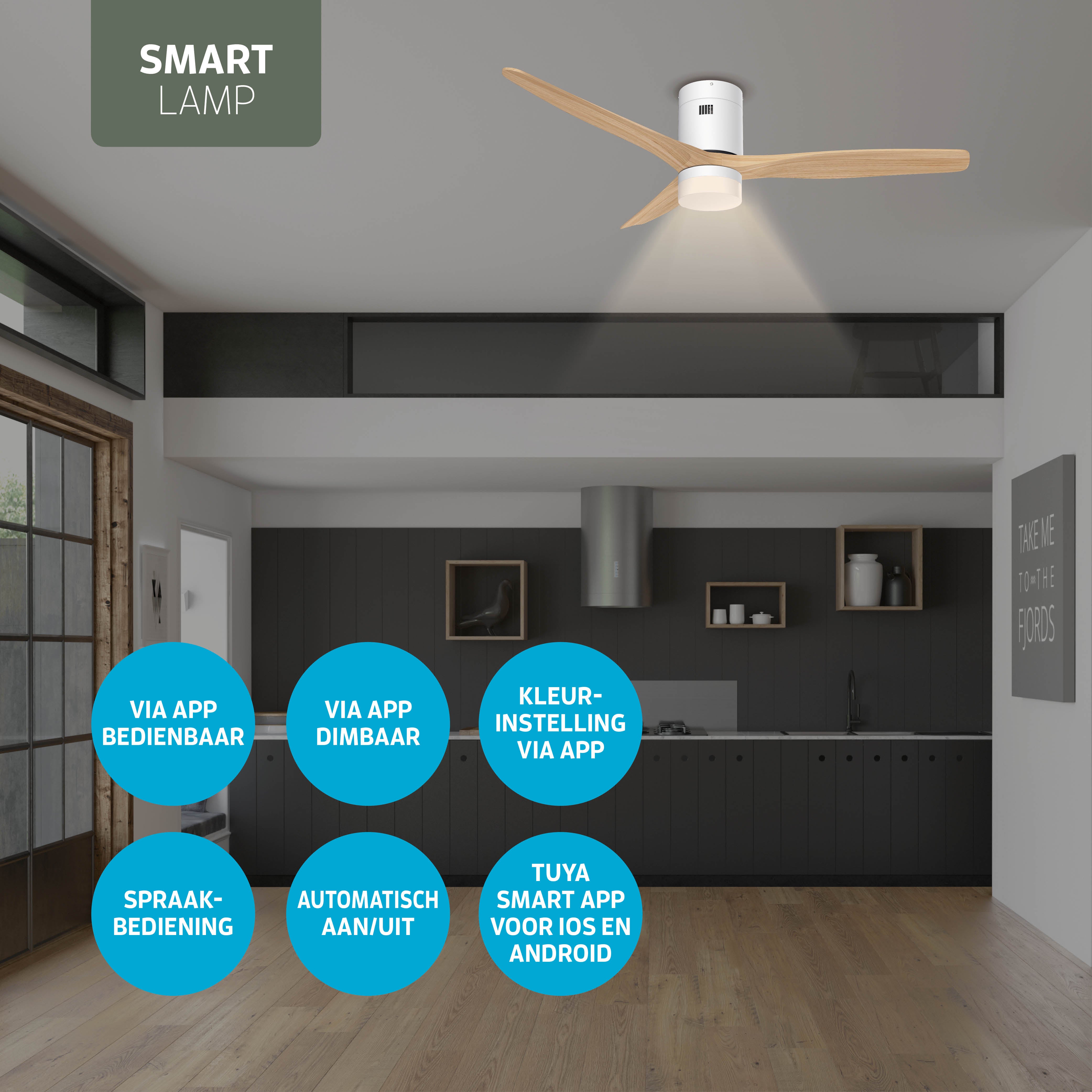 Smart Plafondventilator - Wit/naturel met verlichting - 132cm - WiFi