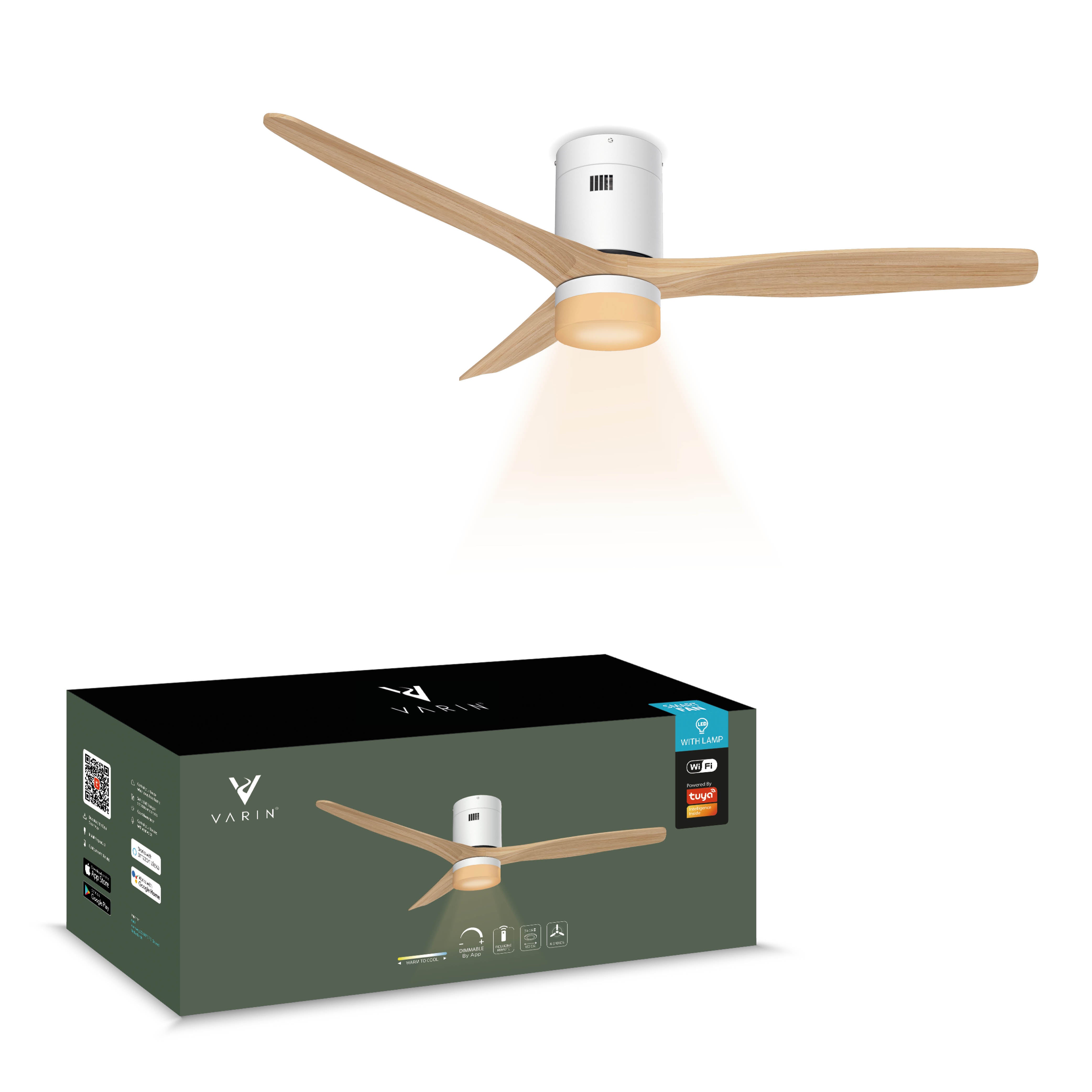 Smart Plafondventilator - Wit/naturel met verlichting - 132cm - WiFi