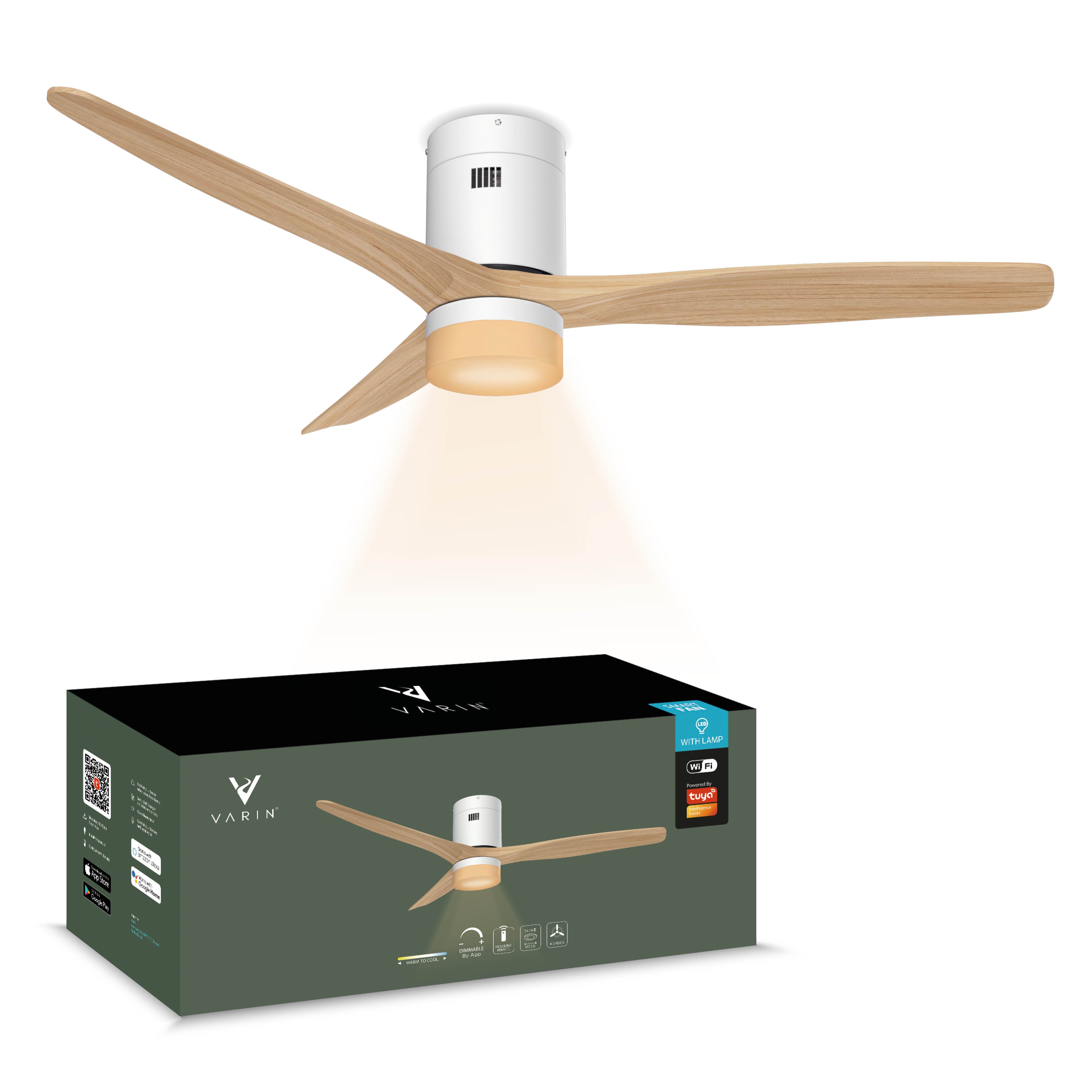 Smart Plafondventilator - Wit/naturel met verlichting - 132cm - WiFi