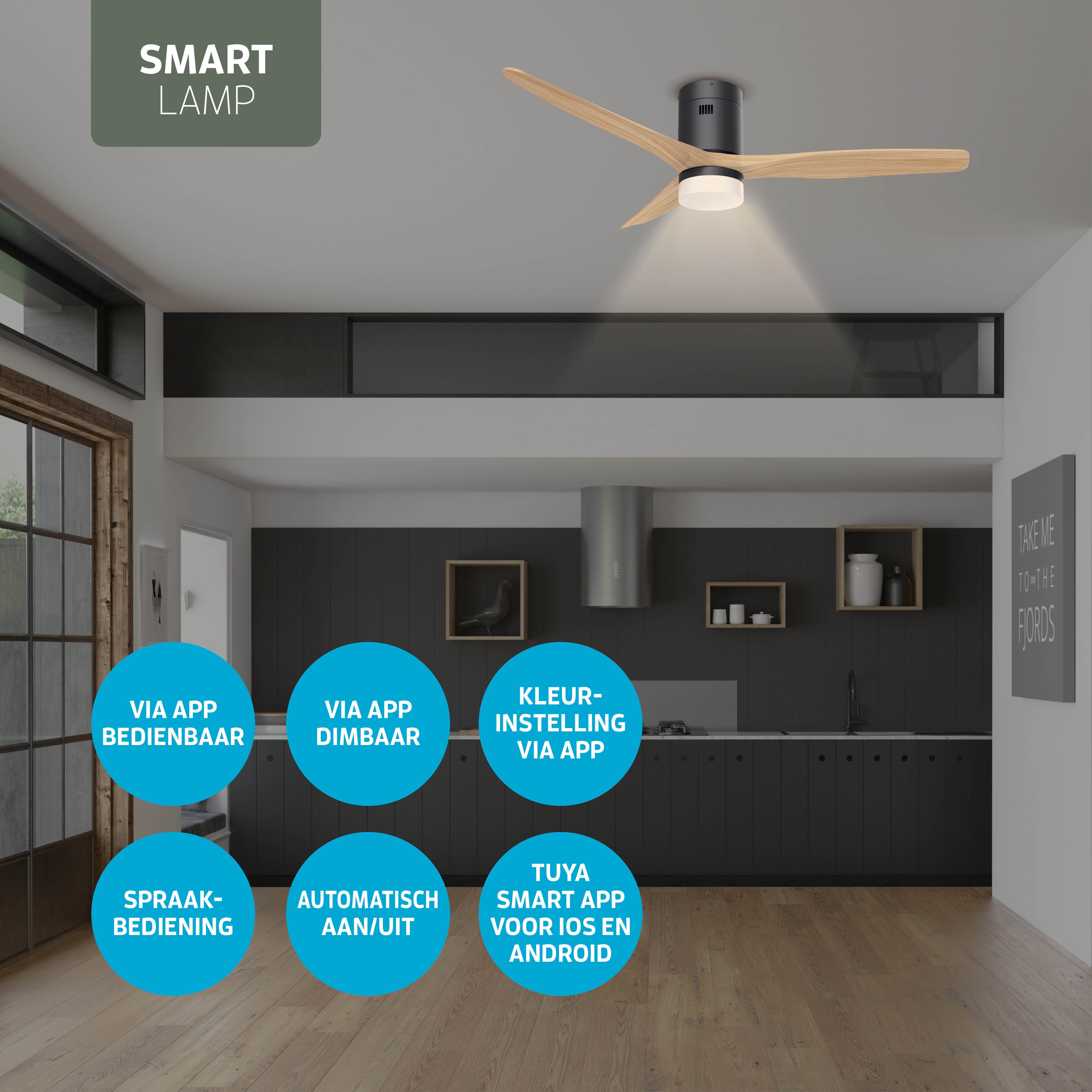 Smart Plafondventilator Zwart/naturel met Verlichting - 132cm - WiFi