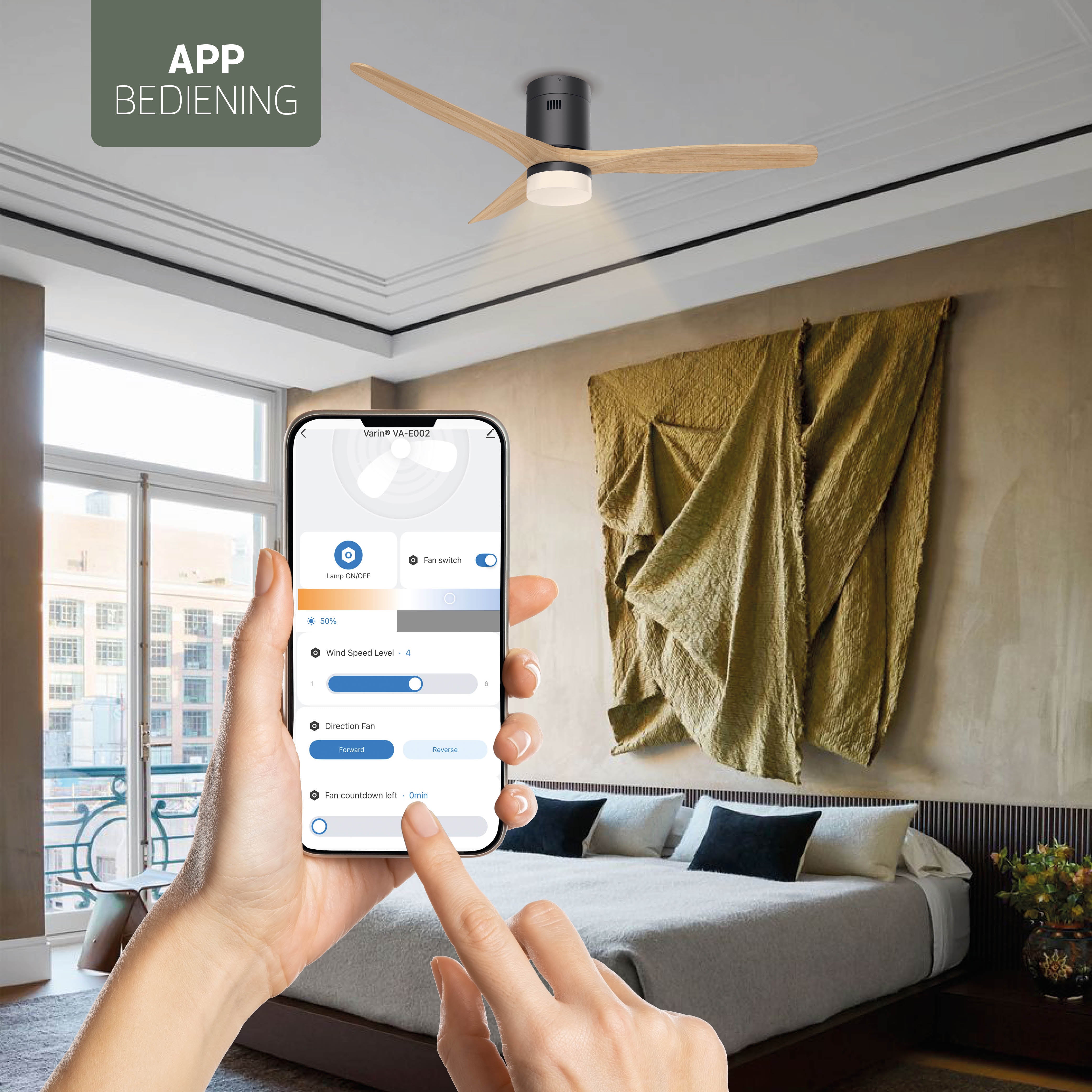 Smart Plafondventilator Zwart/naturel met Verlichting - 132cm - WiFi